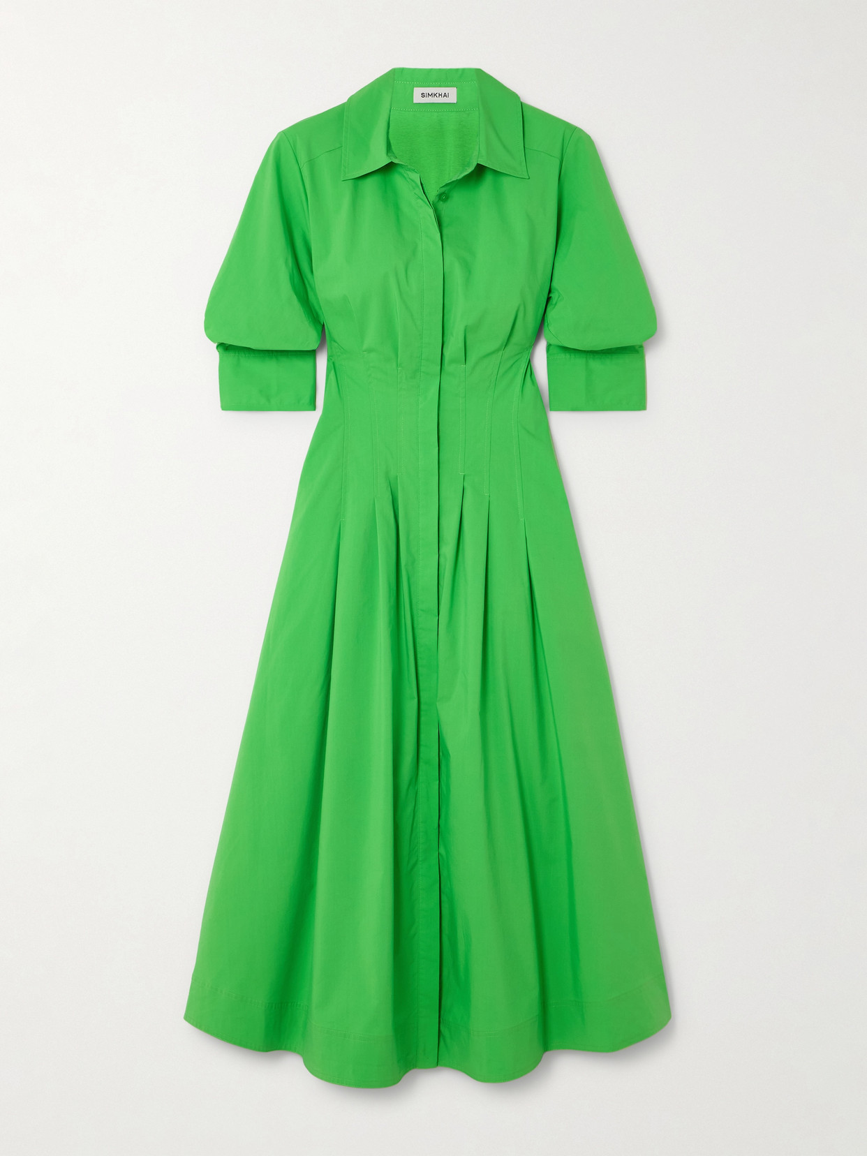 Shop Simkhai Jazz Pleated Cotton-blend Poplin Midi Shirt Dress In Green