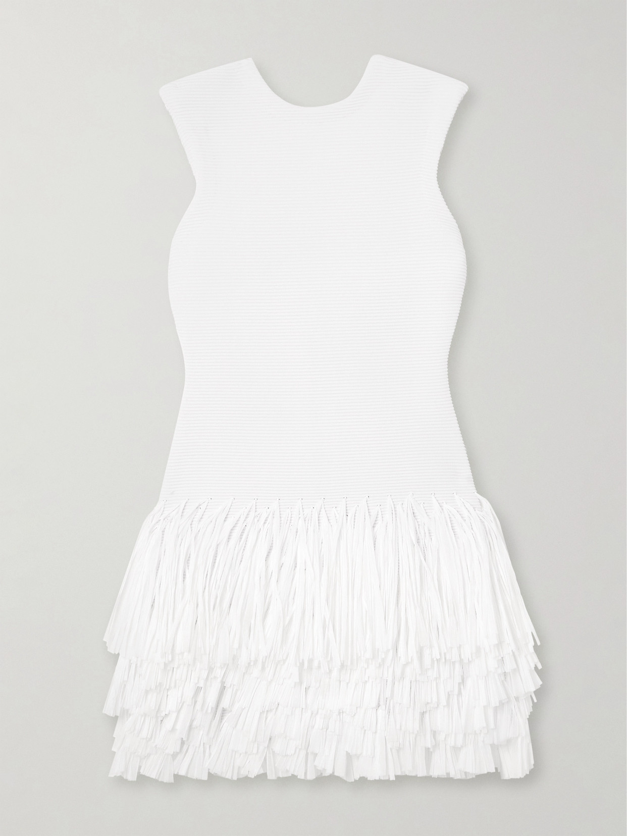 Aje Rushes Raffia-trimmed Ribbed-knit Mini Dress In White