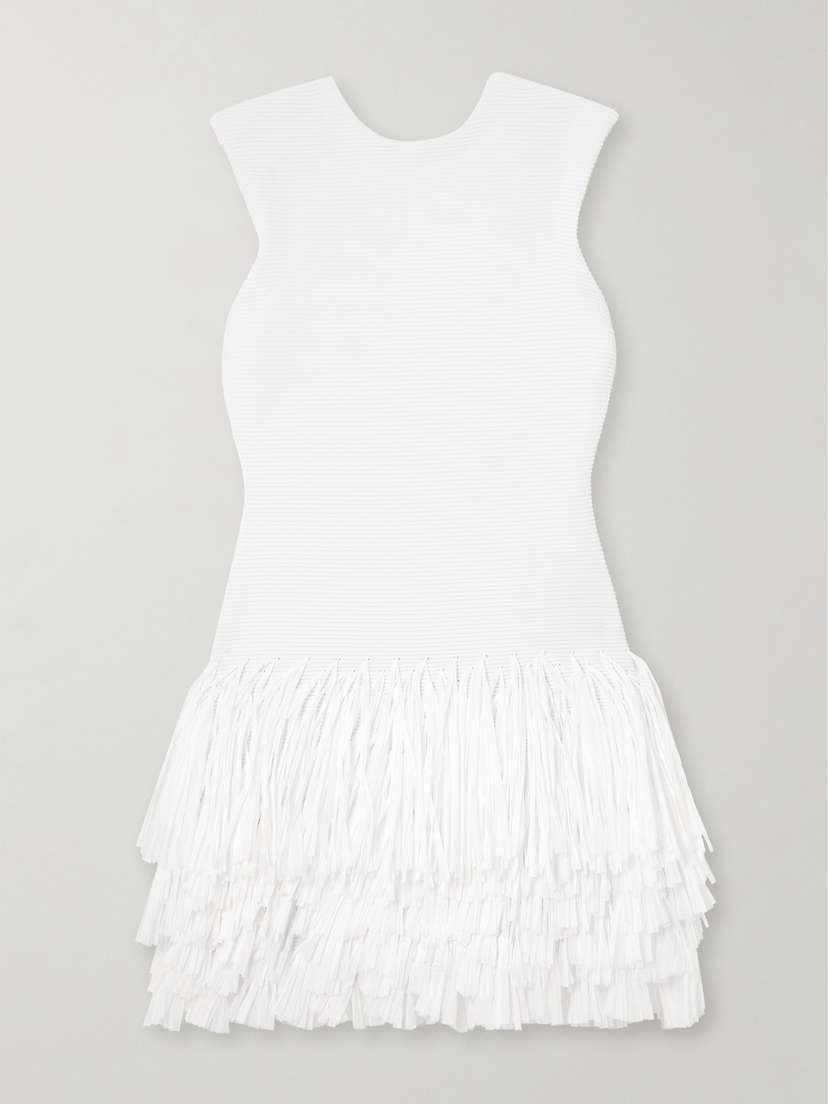 Aje Rushes Raffia-trimmed Ribbed-knit Mini Dress - xx small