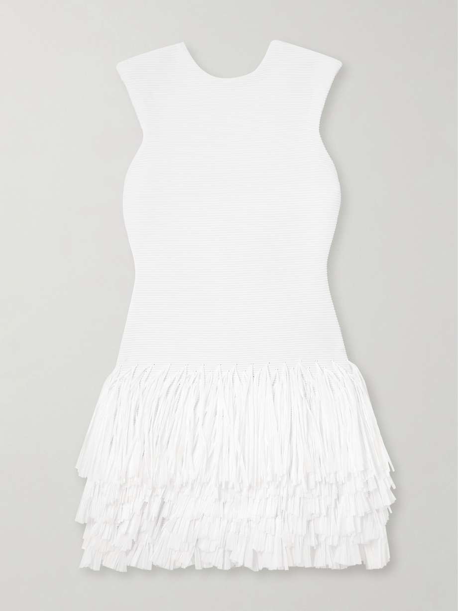 rushes raffia-trimmed ribbed-knit mini dress