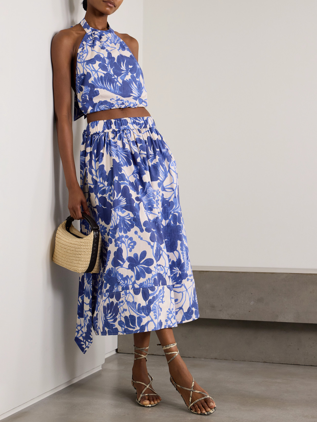 Cara Cara Seattle Gathered Floral-print Cotton-poplin Halterneck Top In Blue