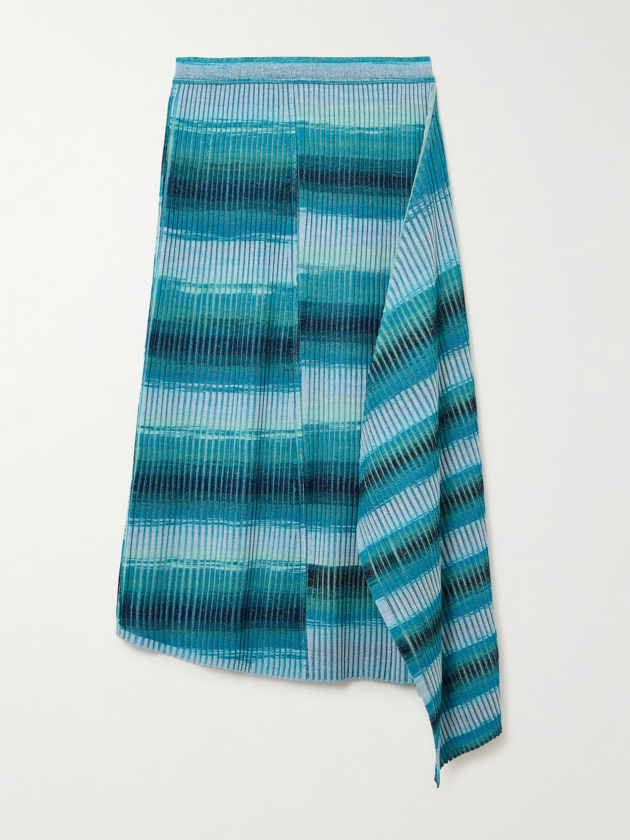 Simkhai Caelan Asymmetric Draped Striped Ribbed-knit Midi Skirt In Blue