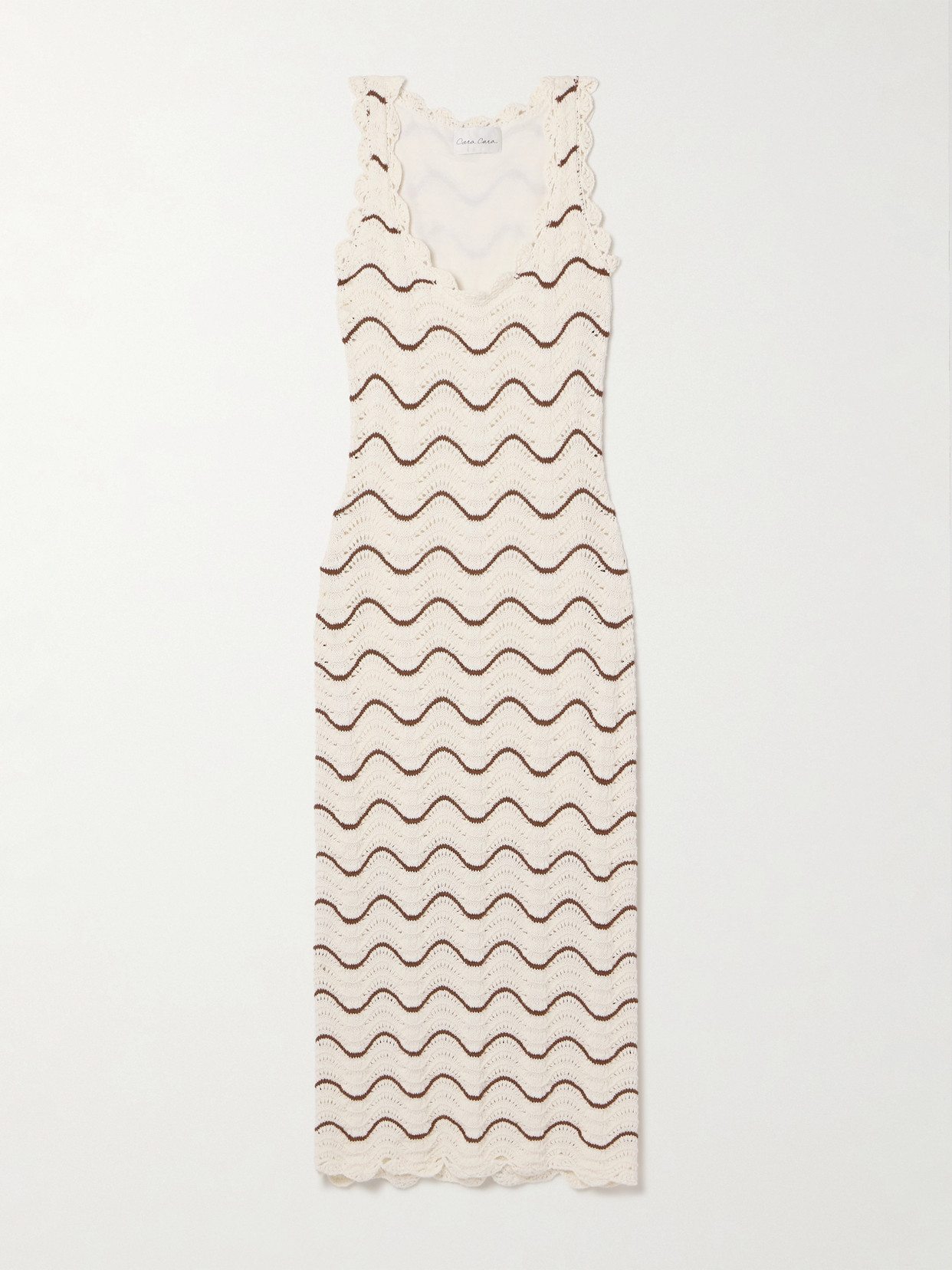 Cara Cara Orel Scalloped Striped Knitted Cotton Midi Dress In Brown