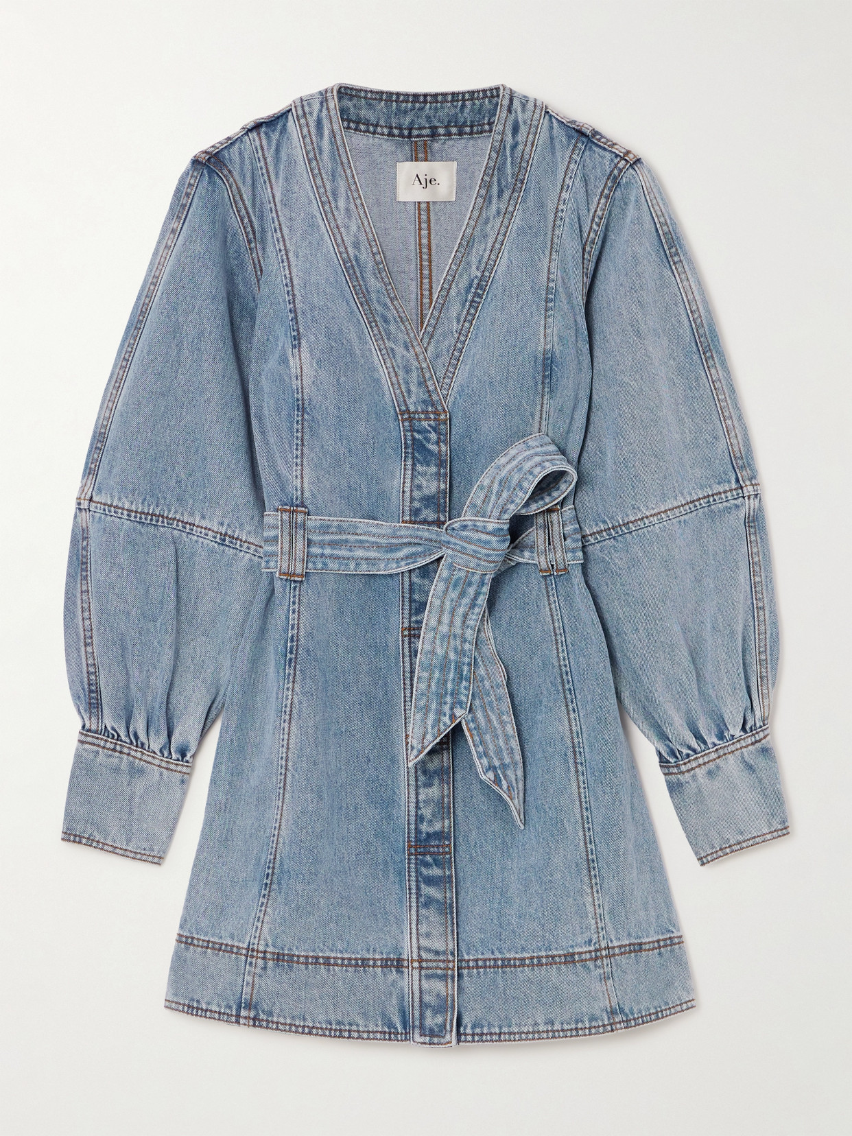 Aje - Belted Paneled Denim Mini Dress - Blue