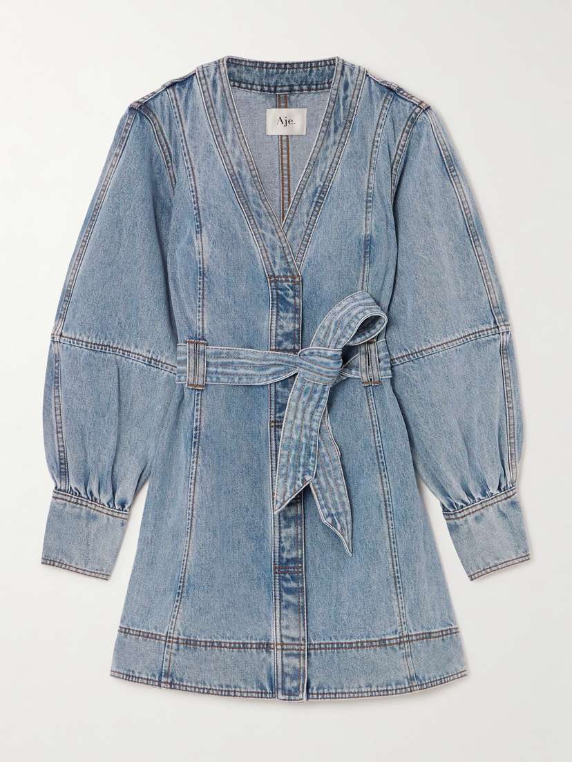 Aje Belted Paneled Denim Mini Dress - UK 14