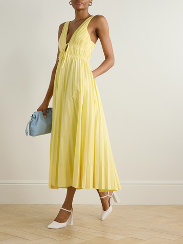 SIMKHAI Stephanie bow-embellished pleated cotton-blend poplin midi dress