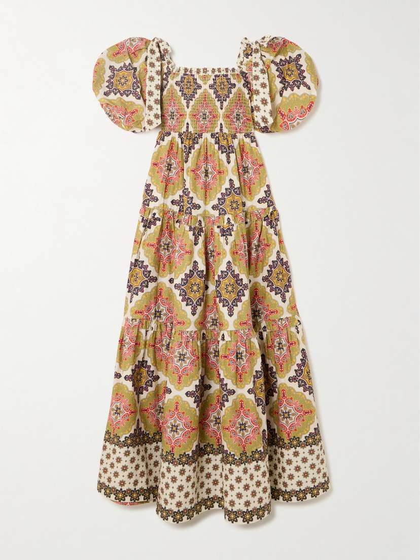 Cara Cara Tatiana Tie-detailed Ruffled Shirred Printed Cotton-voile Maxi Dress