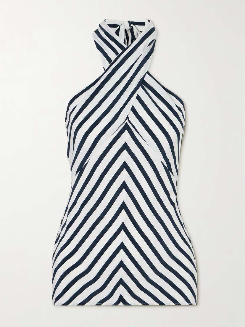 Staud Dawn Striped Crepe De Chine Halterneck Top