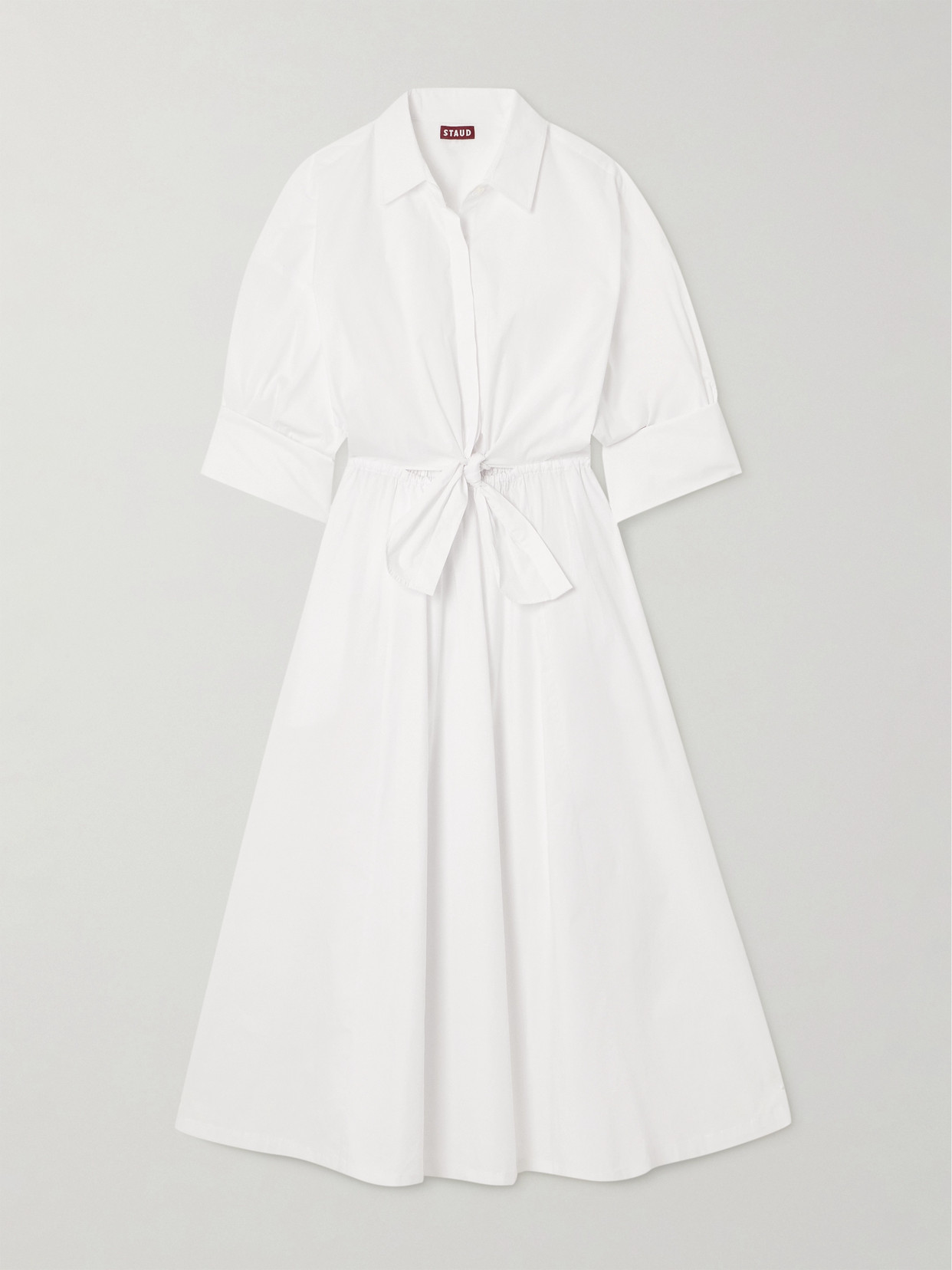 Staud Lisa Bow-detailed Gathered Cutout Cotton-blend Poplin Midi Shirt Dress In White