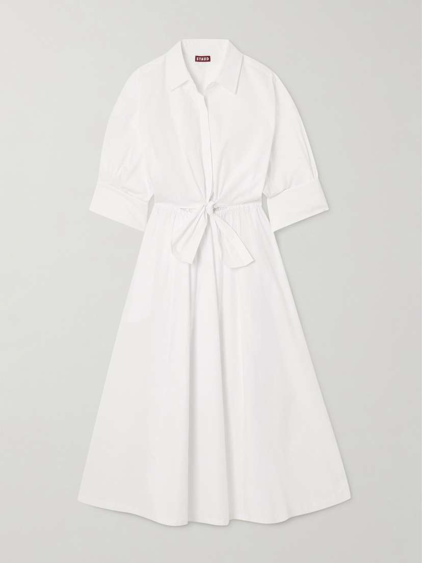 Staud Lisa Bow-detailed Gathered Cutout Cotton-blend Poplin Midi Shirt Dress