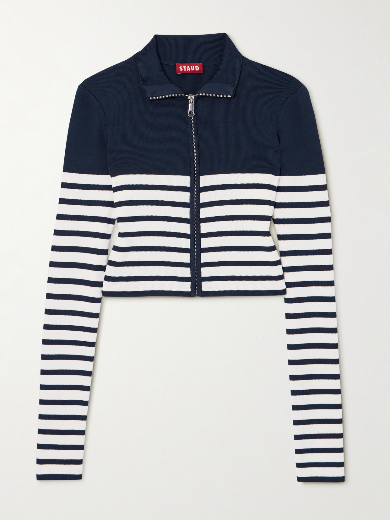 Shop Staud Raft Striped Ribbed-knit Cardigan In Blue