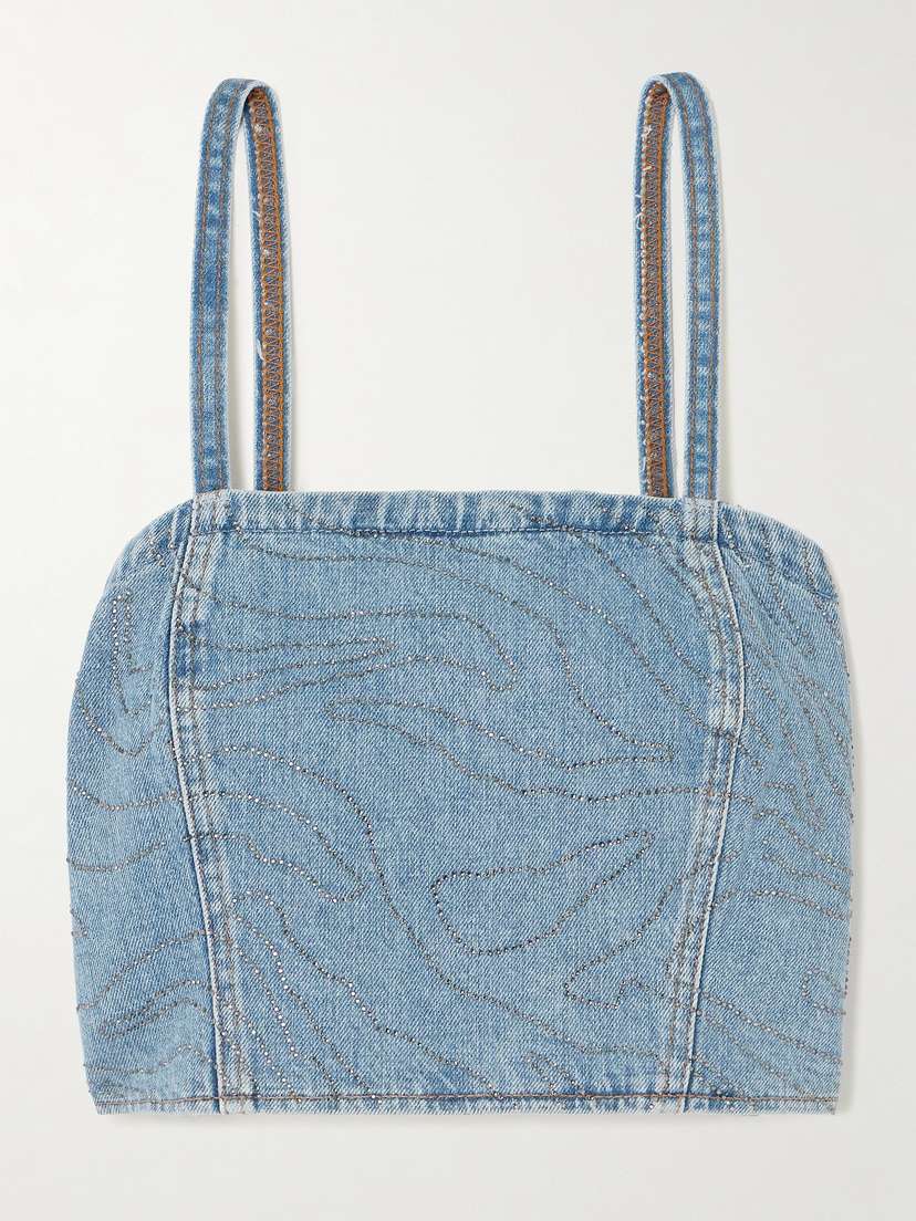 Rotate Birger Christensen Cropped Sequined Denim Top