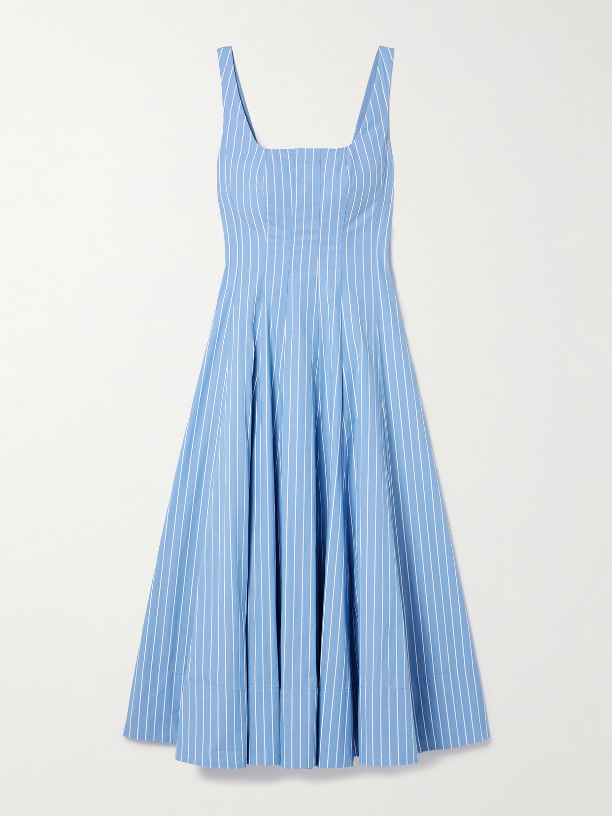 STAUD WELLS PLEATED STRIPED COTTON-BLEND POPLIN MIDI DRESS