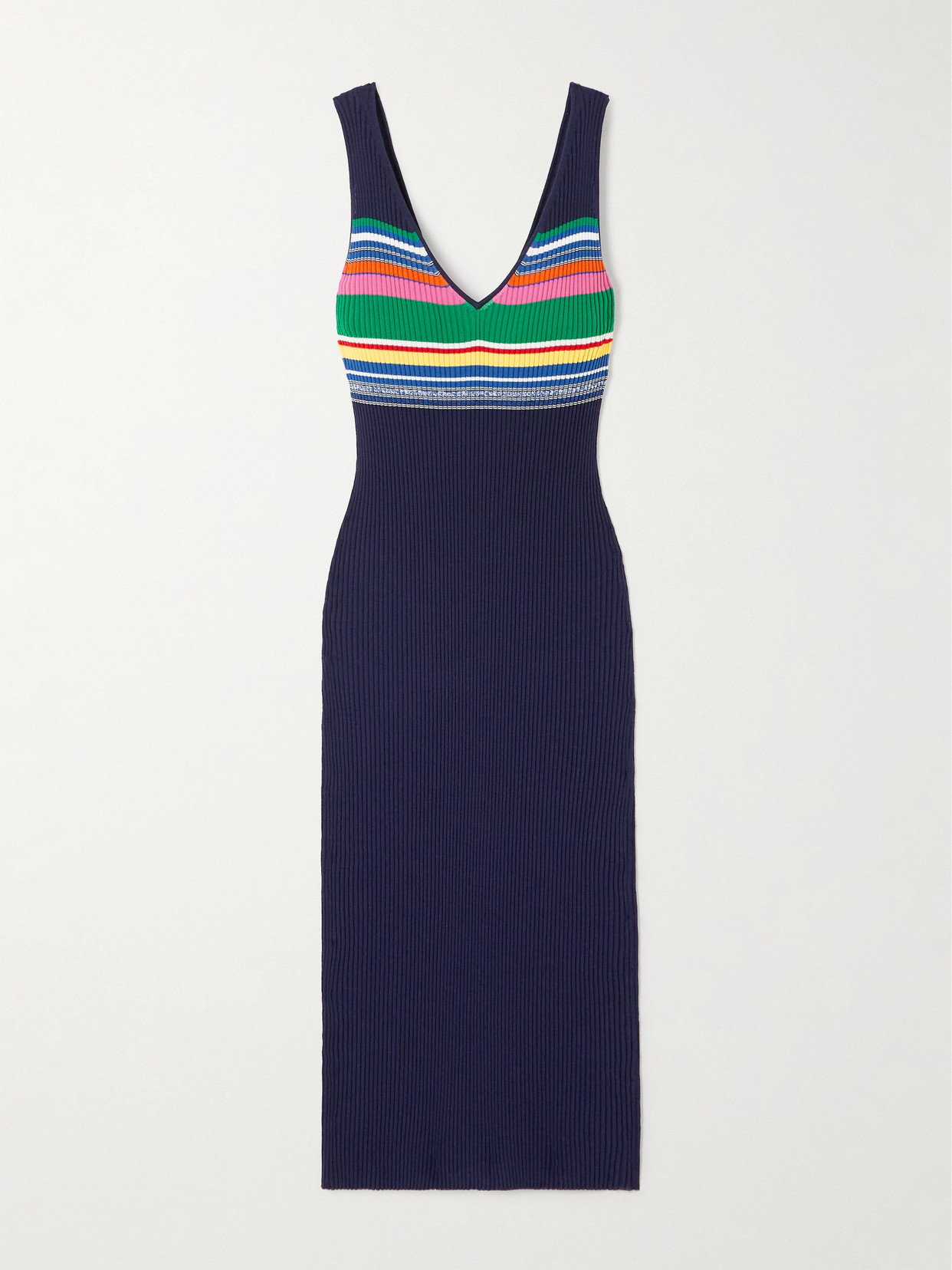 STAUD - Dana Striped Ribbed-knit Midi Dress - Blue