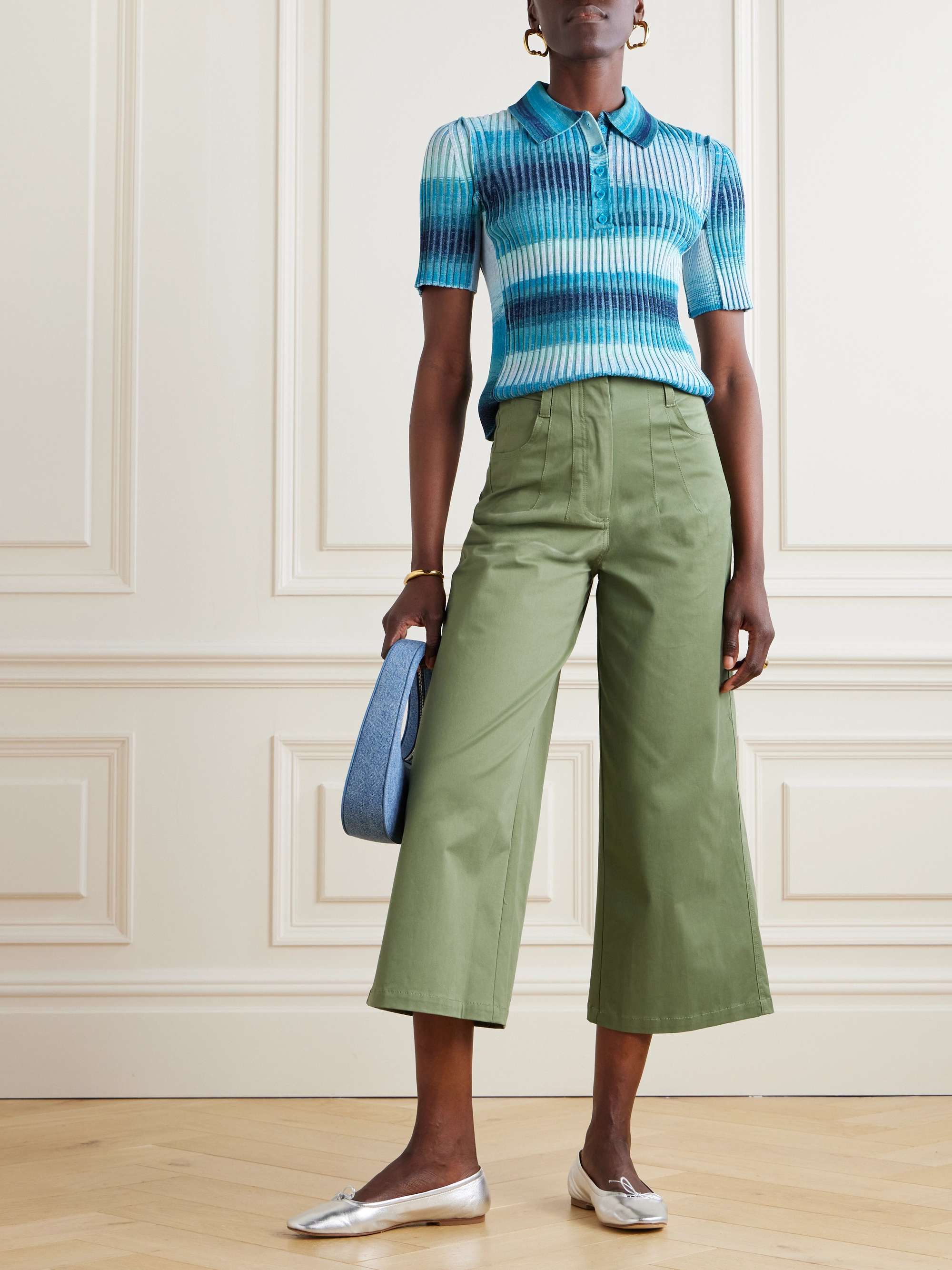 capri pants outfits  - True to STAUD's reputation for effortlessly cool clothing, these 'Luca' pants riff on classic chino styles. They're cut for a cropped, wide-leg profile from lightweight cotton-blend twill and are intended to sit high on the waist, emphasizing your figure. Note considered details like darted front seams and a leather logo patch.