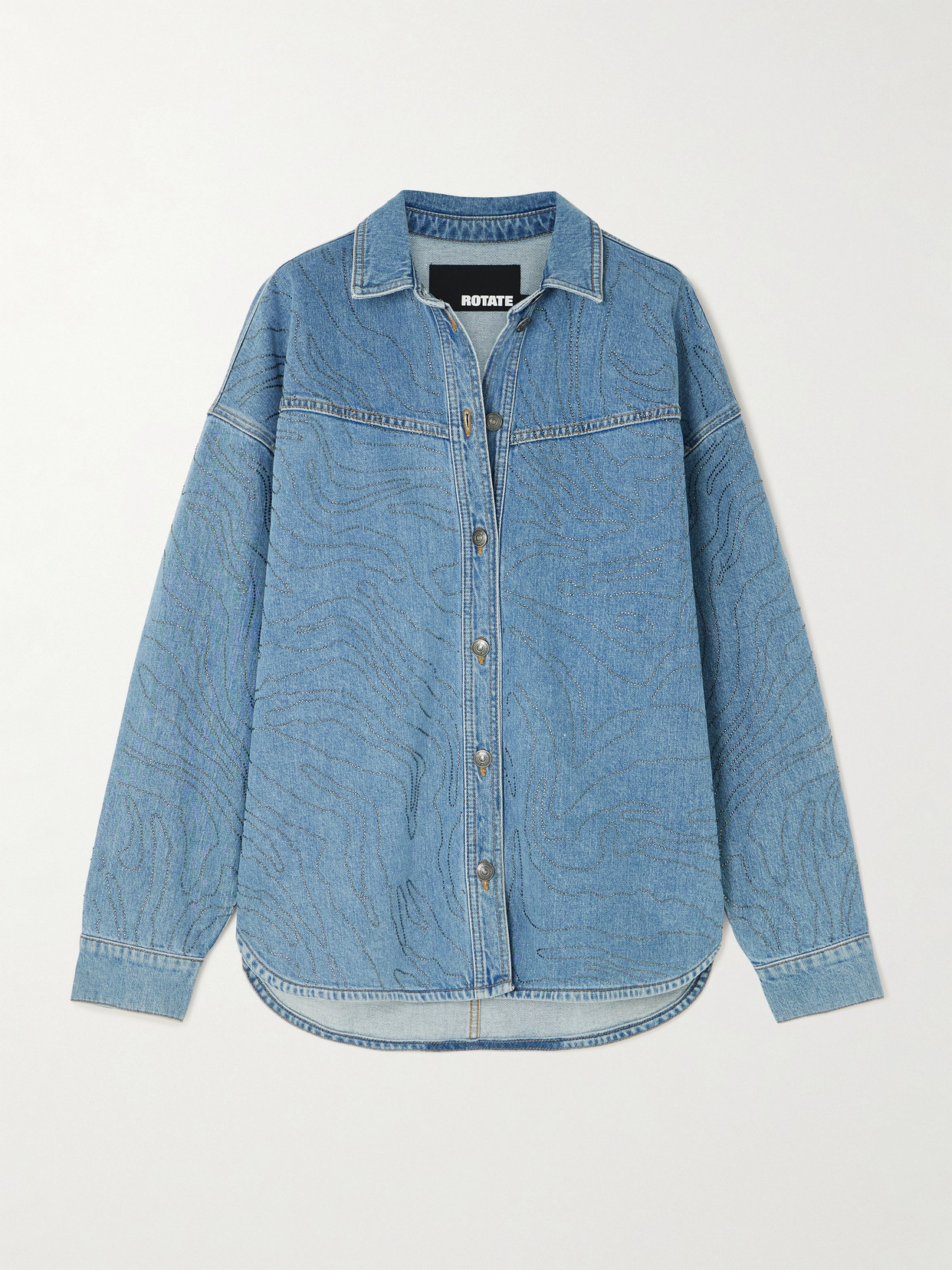 Rotate Birger Christensen Oversized Embellished Organic Denim Shirt In Blue