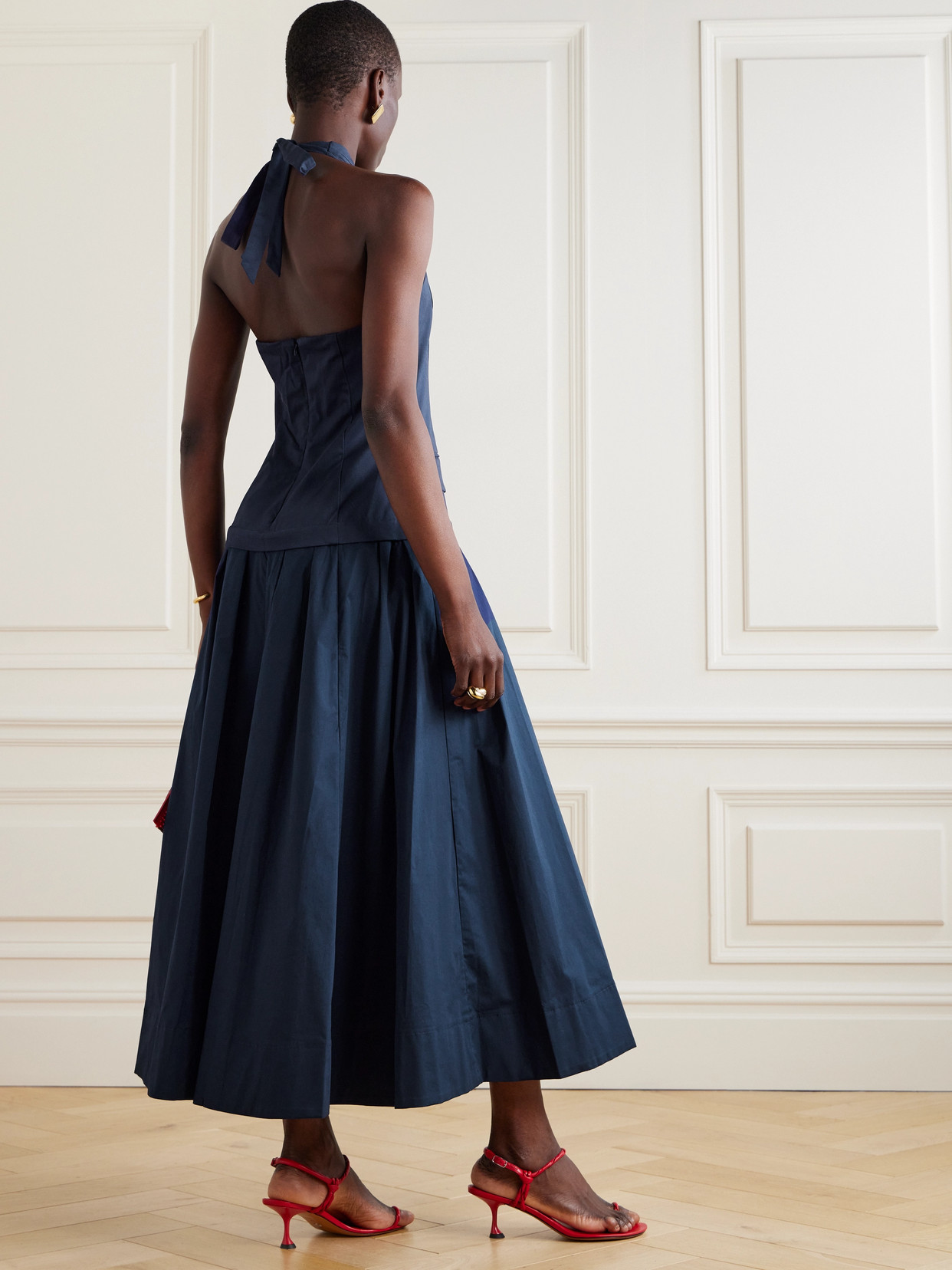 Shop Staud Harrington Open-back Pleated Cotton-twill And Poplin Halterneck Maxi Dress In Blue