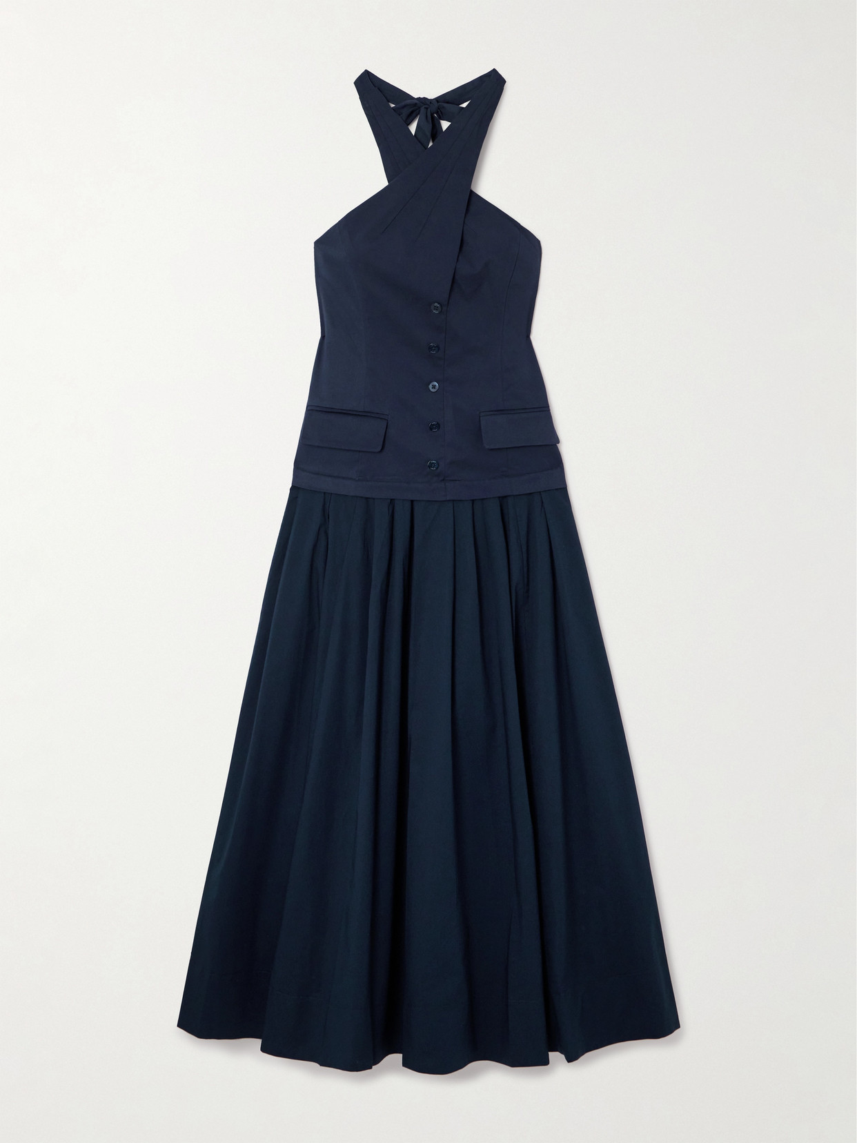 Shop Staud Harrington Open-back Pleated Cotton-twill And Poplin Halterneck Maxi Dress In Blue