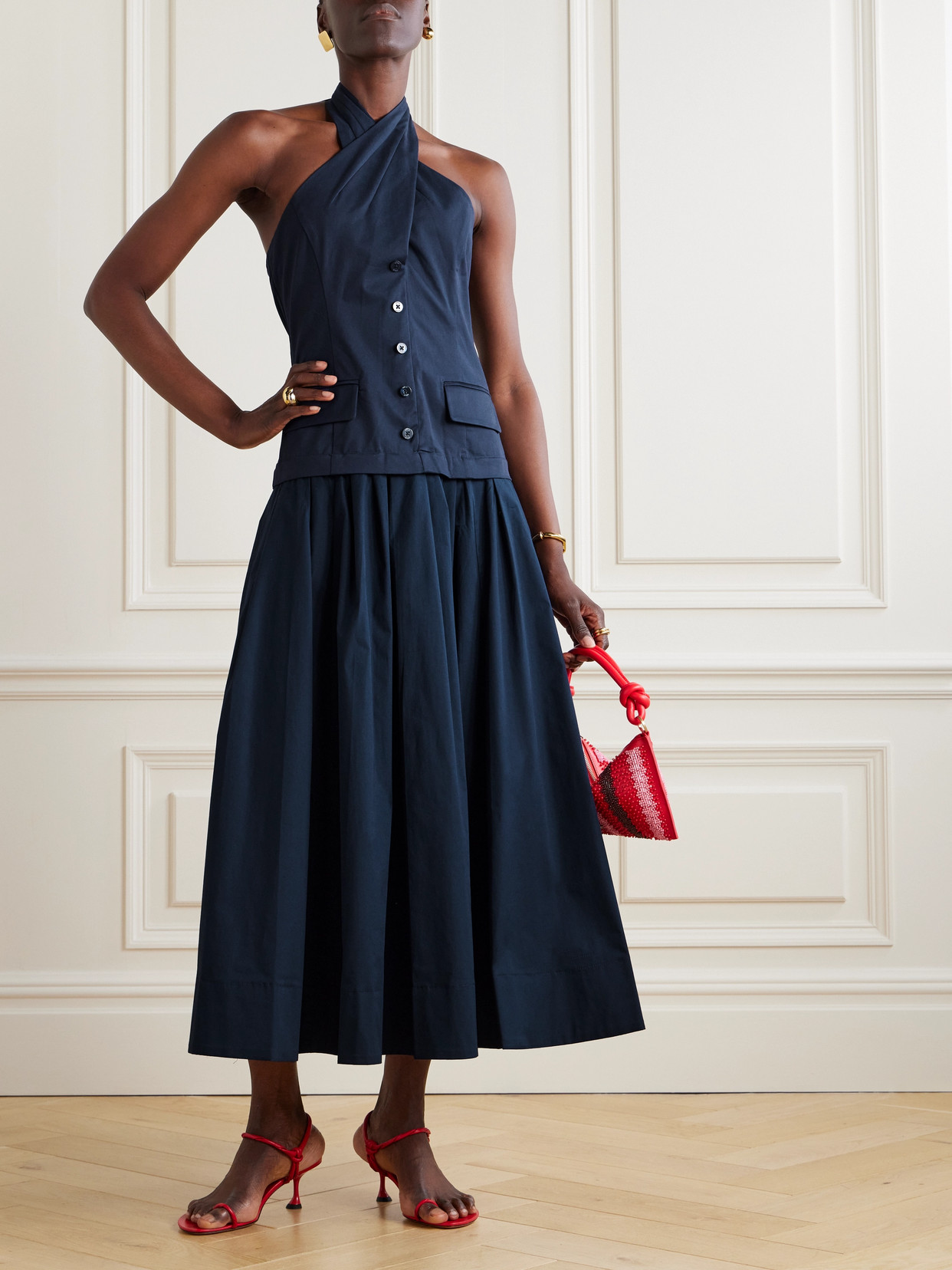 Shop Staud Harrington Open-back Pleated Cotton-twill And Poplin Halterneck Maxi Dress In Blue