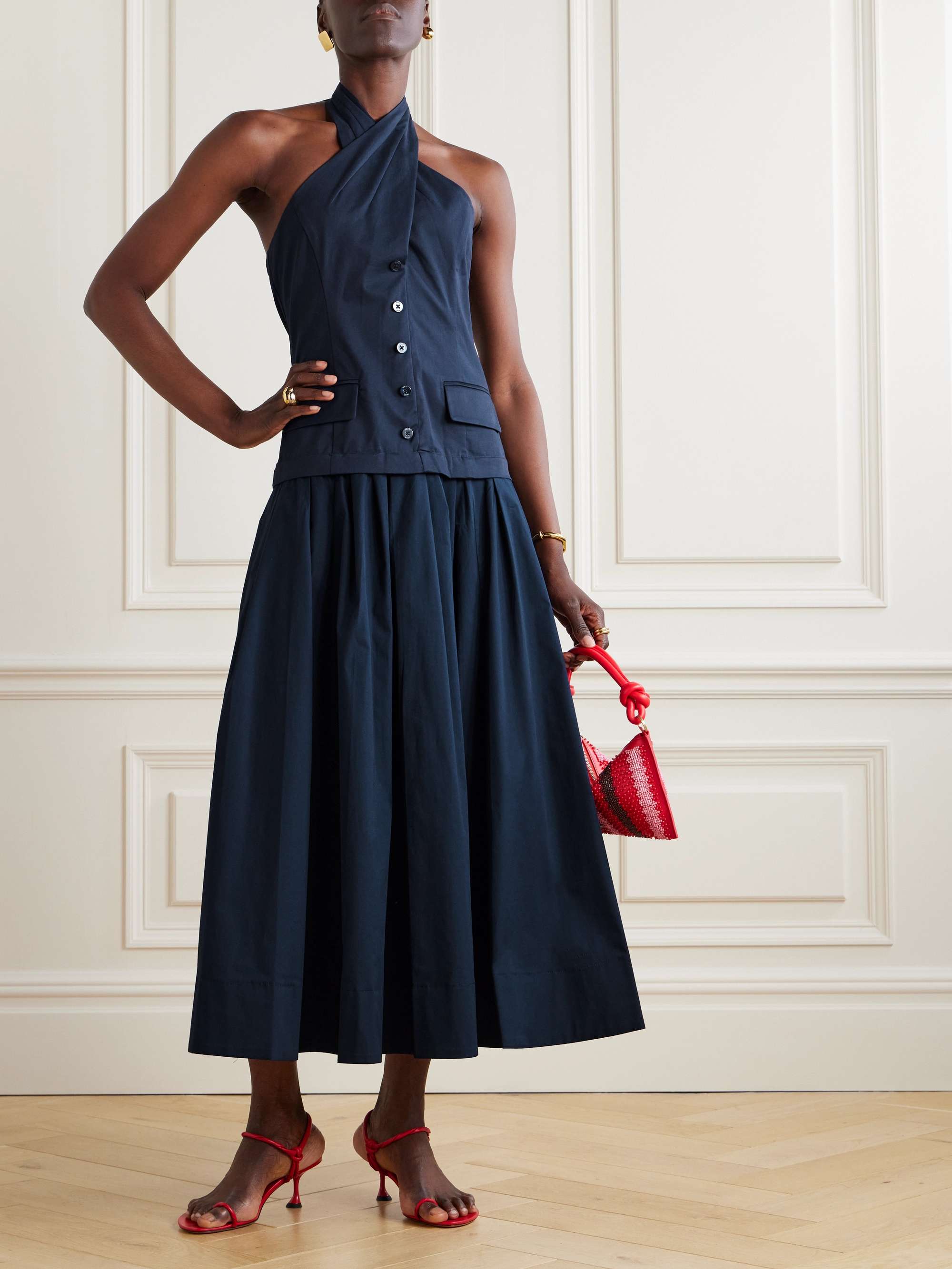 STAUD コットンツイル＆ポプリン ホルターネック プリーツマキシ 