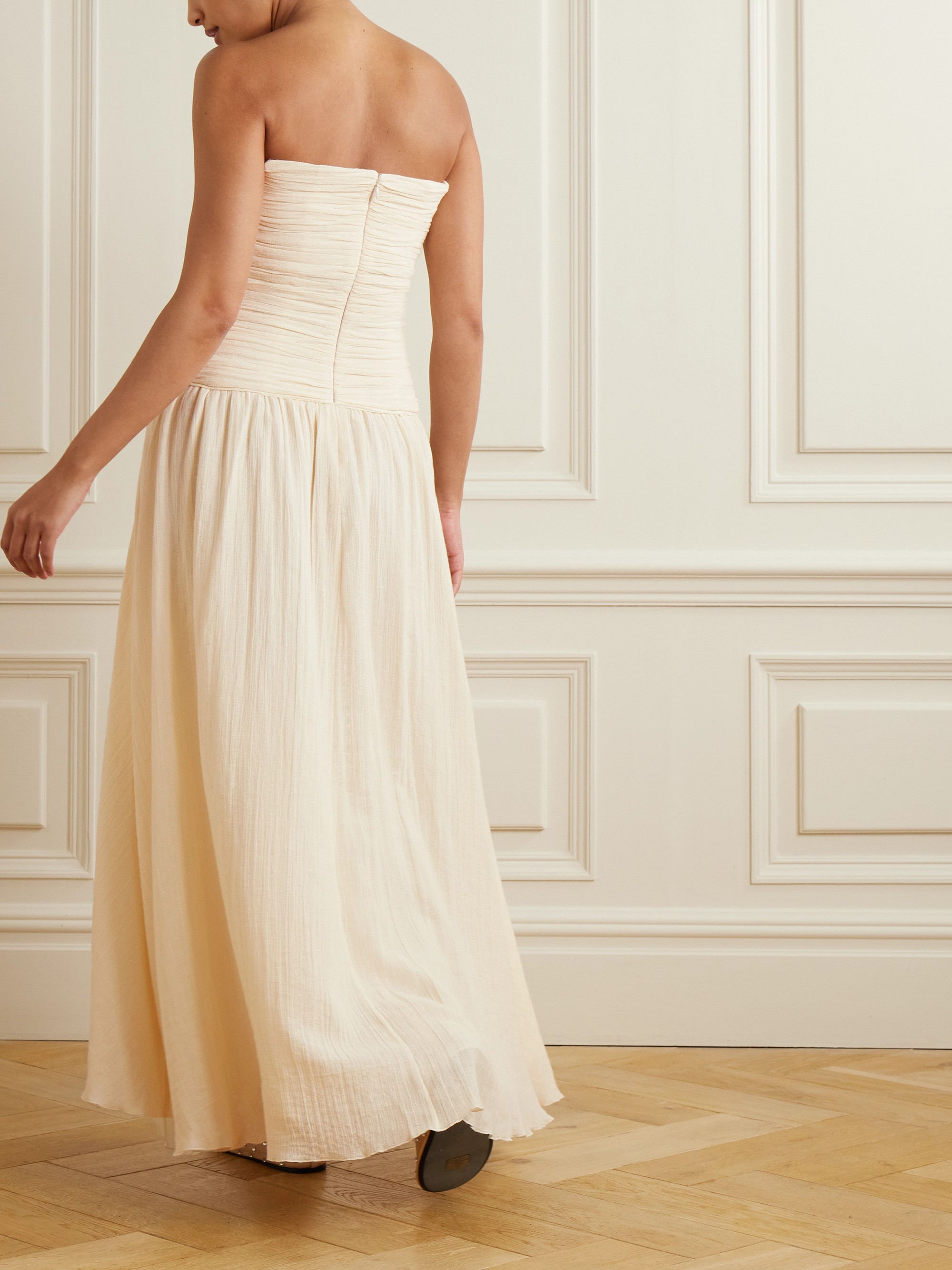 staud hightide cotton-blend maxi dress Staud - Hightide strapless asymmetric gathered cotton and ramie-blend maxi  dress