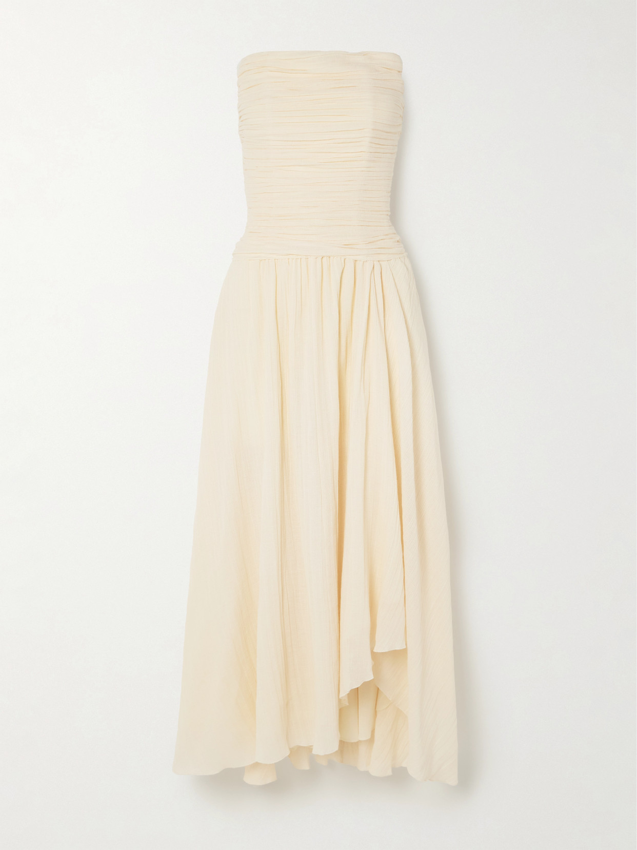 Staud Hightide Strapless Asymmetric Gathered Cotton And Ramie-blend Maxi Dress In Cream
