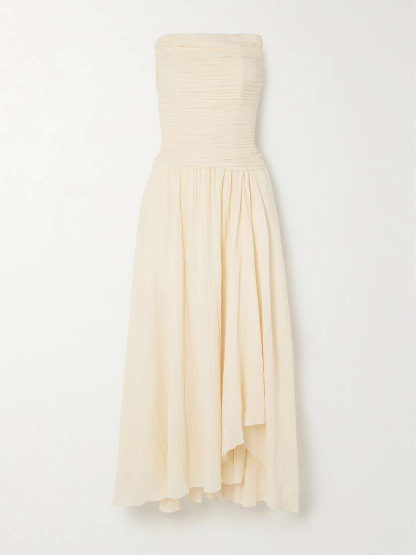 Staud Hightide Strapless Asymmetric Gathered Cotton And Ramie-blend Maxi Dress