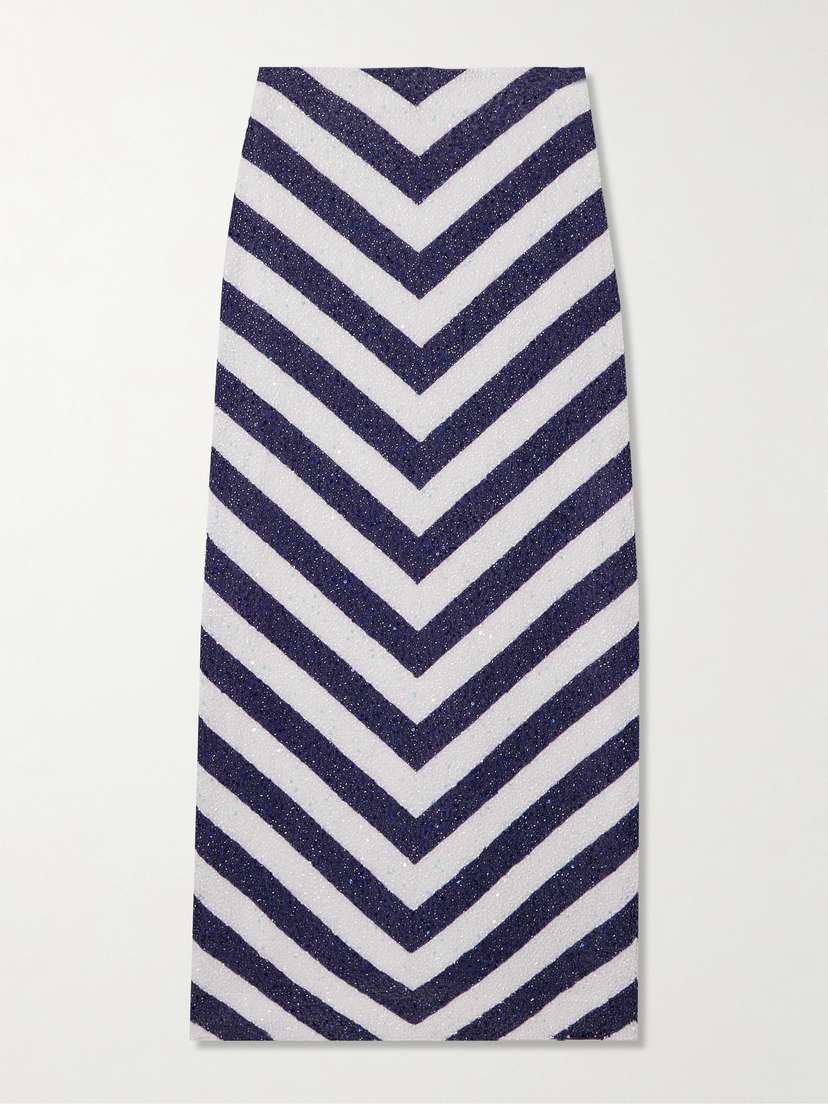 Staud St. Tropez Sequin- And Bead-embellished Striped Mesh Maxi Skirt