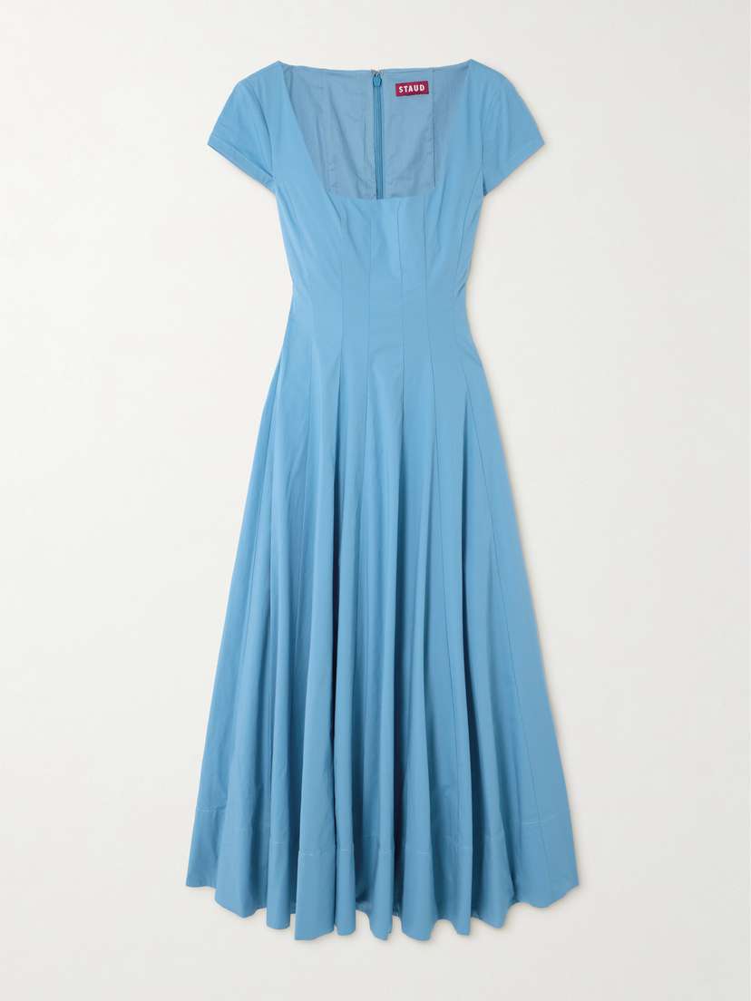 Staud Wells Pleated Stretch-cotton Poplin Midi Dress
