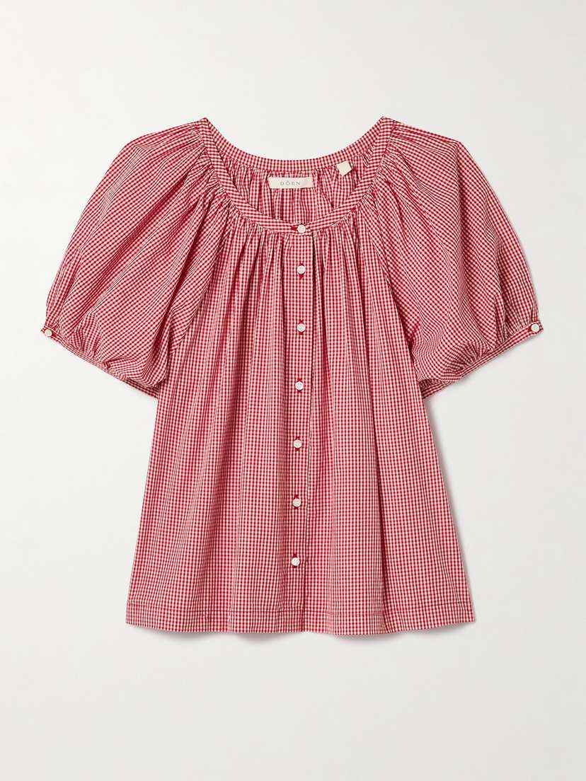 DÔEN June Gathered Gingham Organic Cotton-voile Blouse