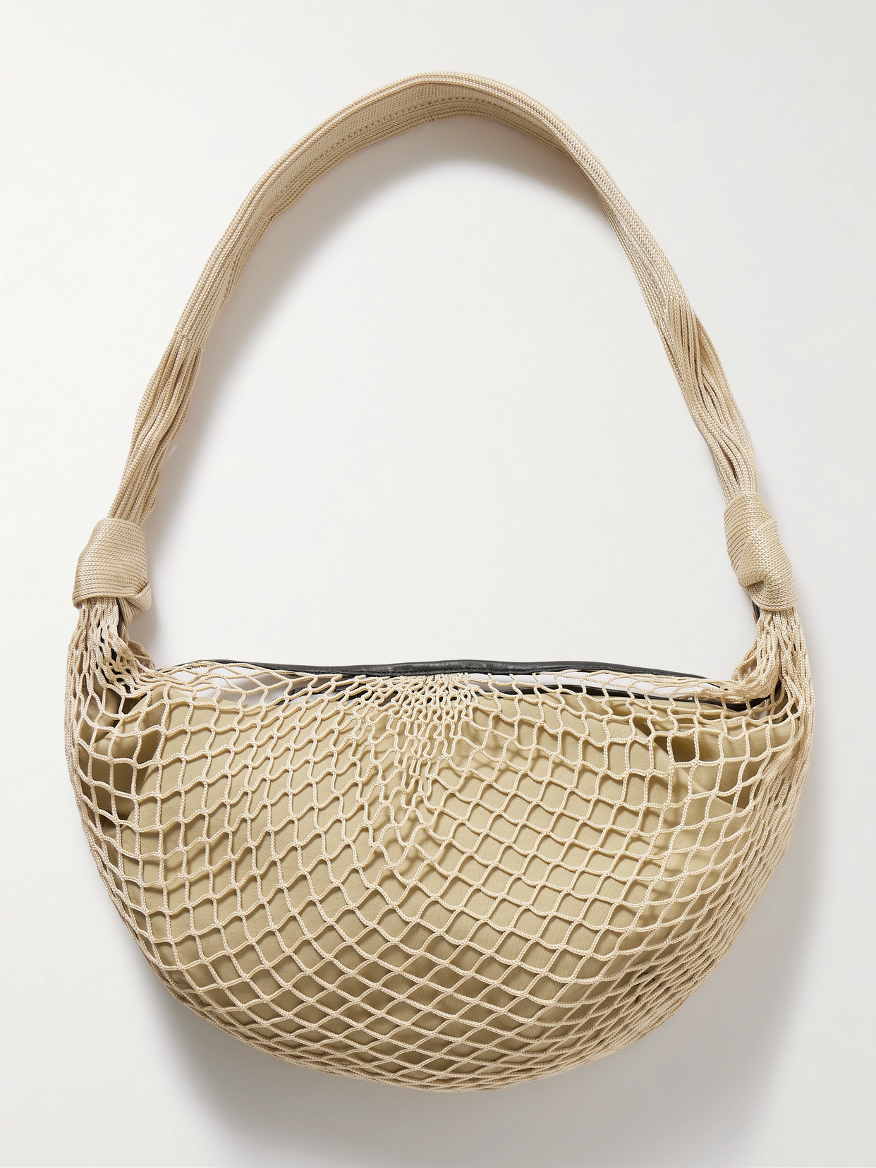 Lemaire Croissant Leather-trimmed Fishnet Shoulder Bag In Neutrals