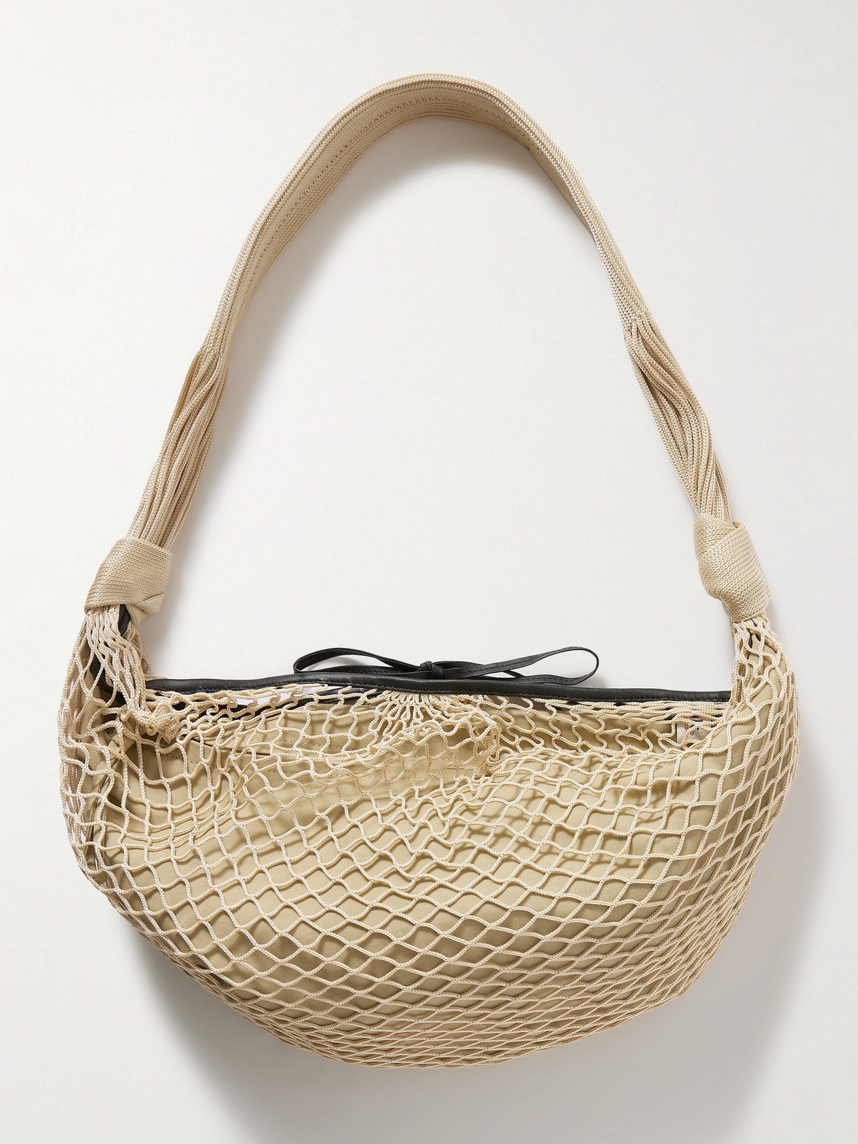 Lemaire Croissant Leather-trimmed Fishnet Shoulder Bag In Neutrals