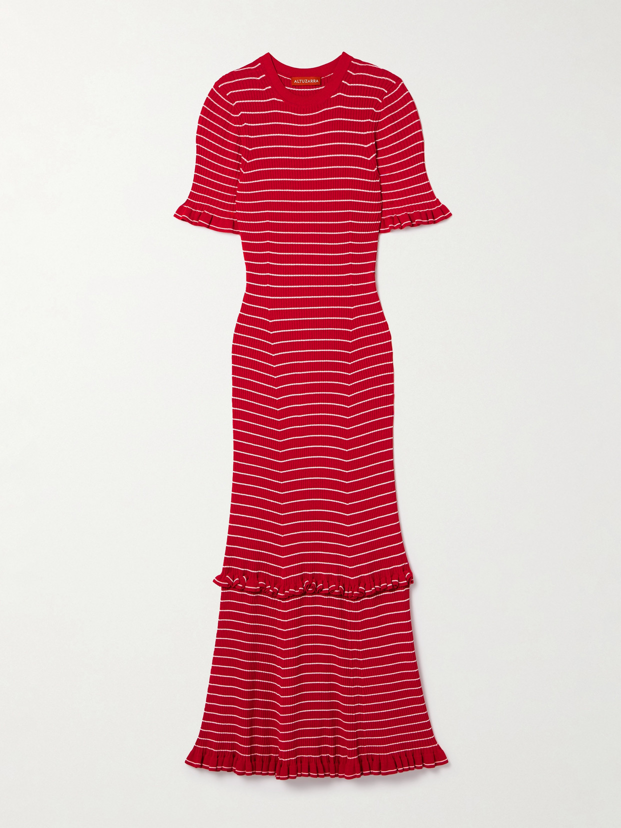 Altuzarra Delpini Ruffled Striped Ribbed-knit Midi Dress In Red