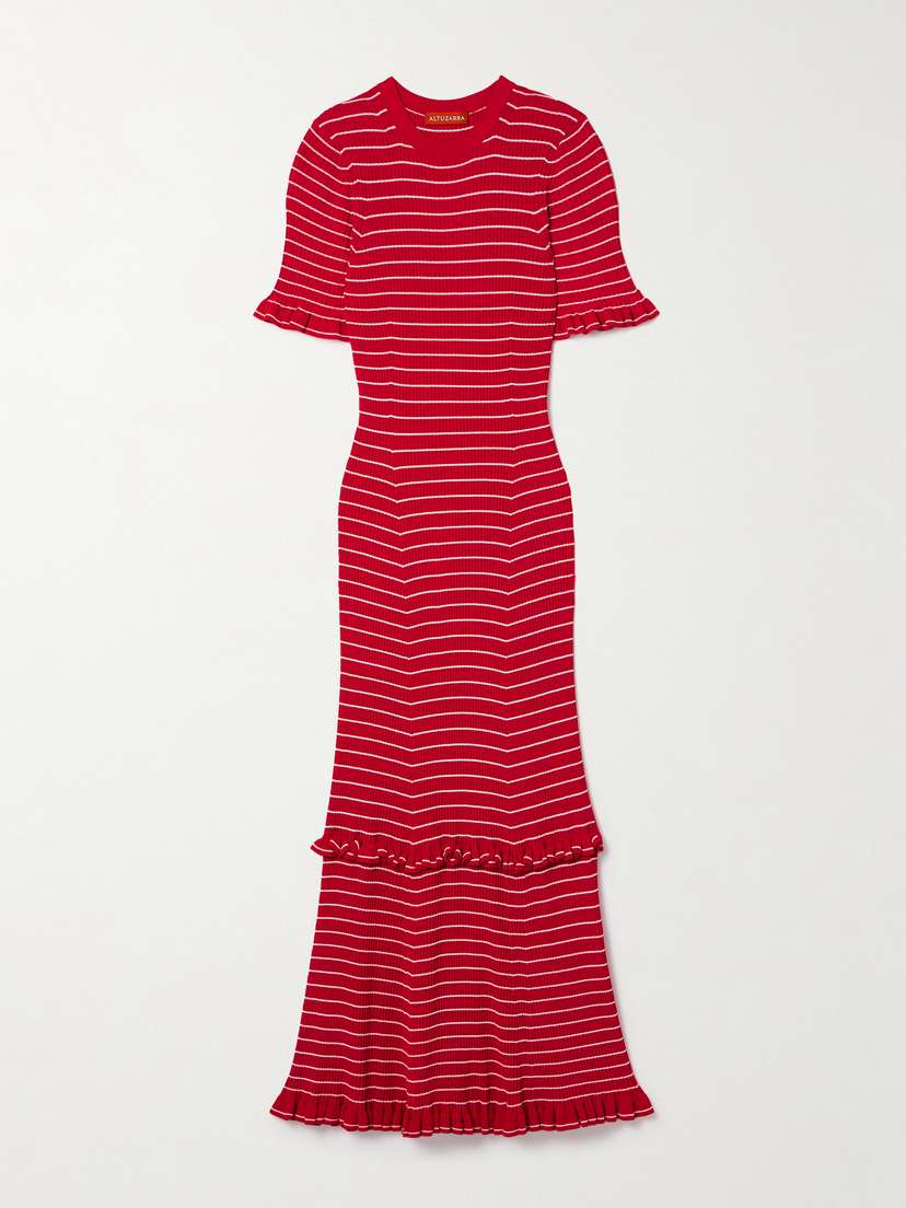 Altuzarra Delpini Ruffled Striped Ribbed-knit Midi Dress