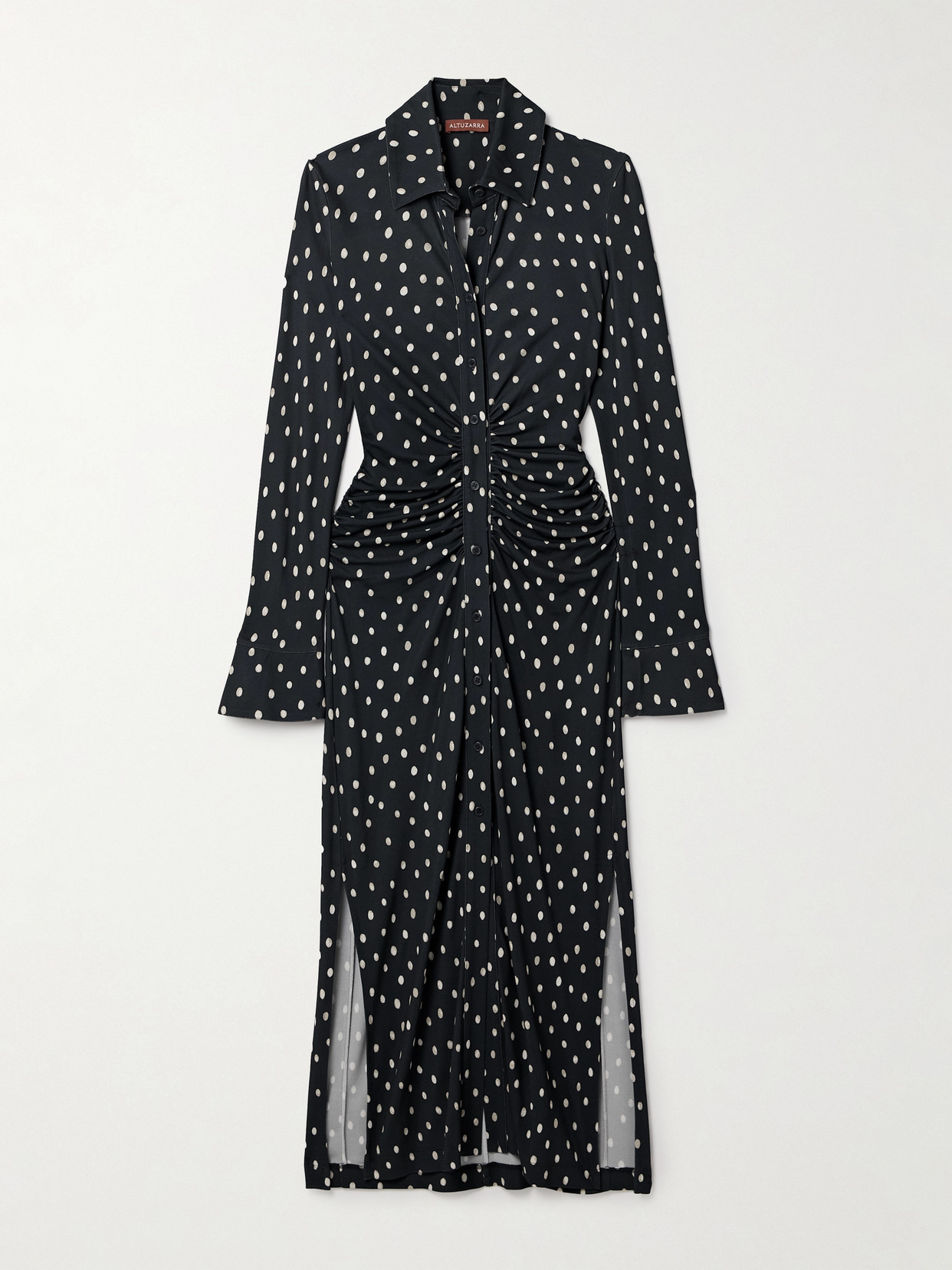 Altuzarra Claudia Ruched Polka-dot Crepe-jersey Midi Shirt Dress In Blue