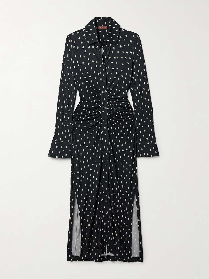 Altuzarra Claudia Ruched Polka-dot Crepe-jersey Midi Shirt Dress