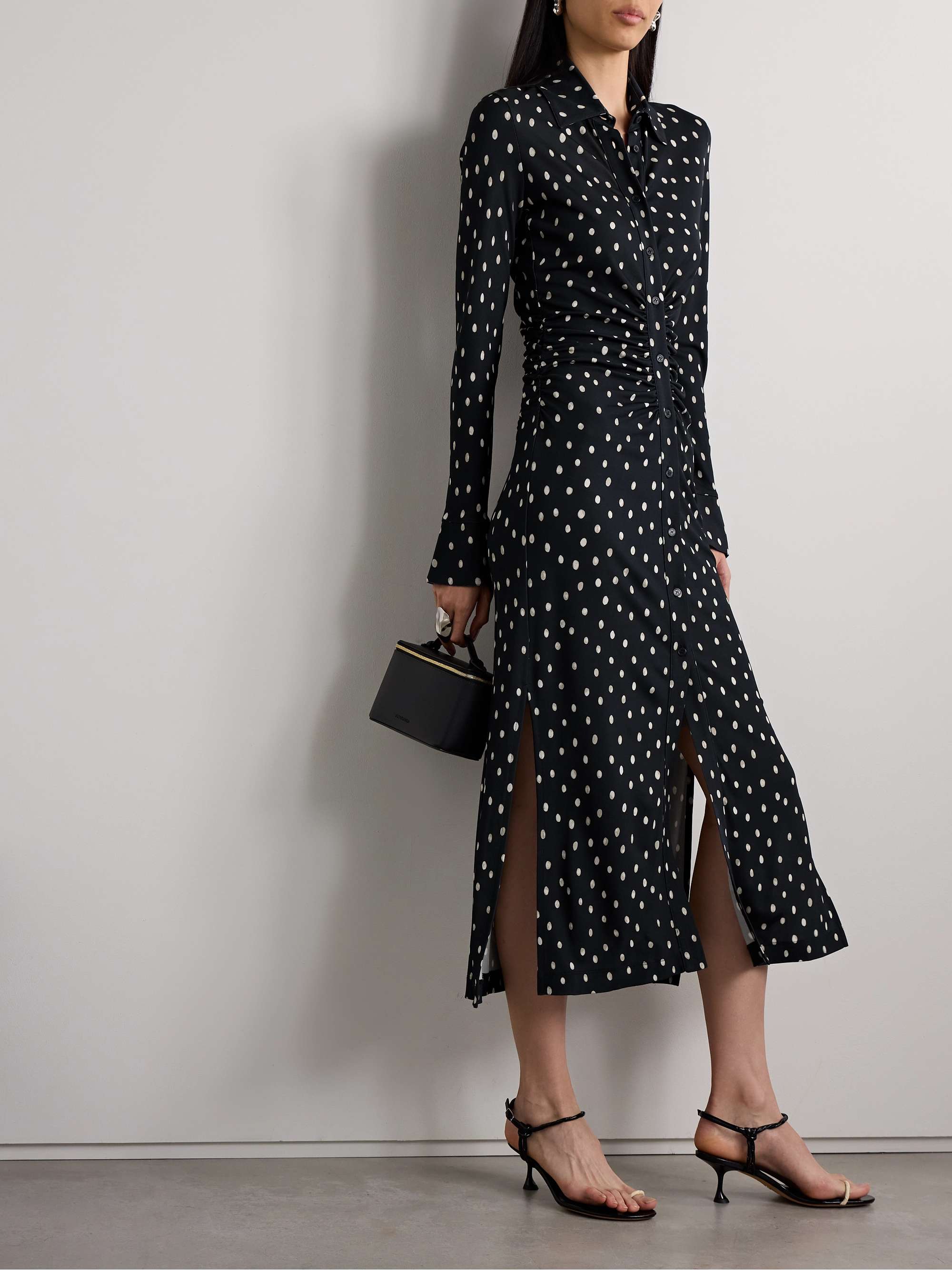 Claudia ruched polka dot crepe jersey midi shirt dress