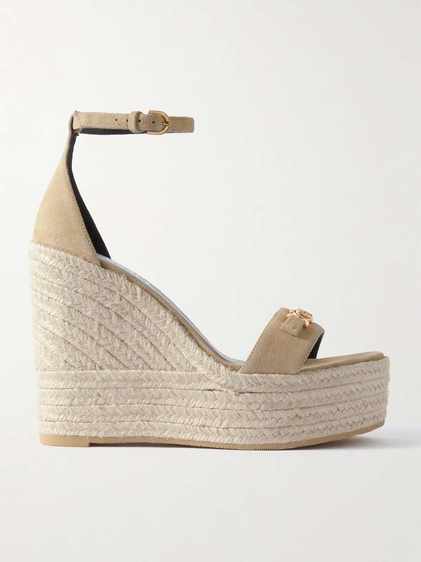 Versace Embellished Suede Espadrille Wedge Sandals