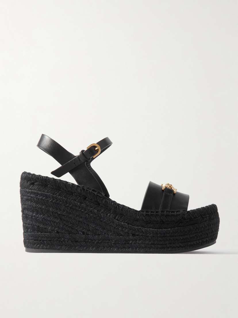 Versace Embellished Leather Espadrille Wedge Sandals