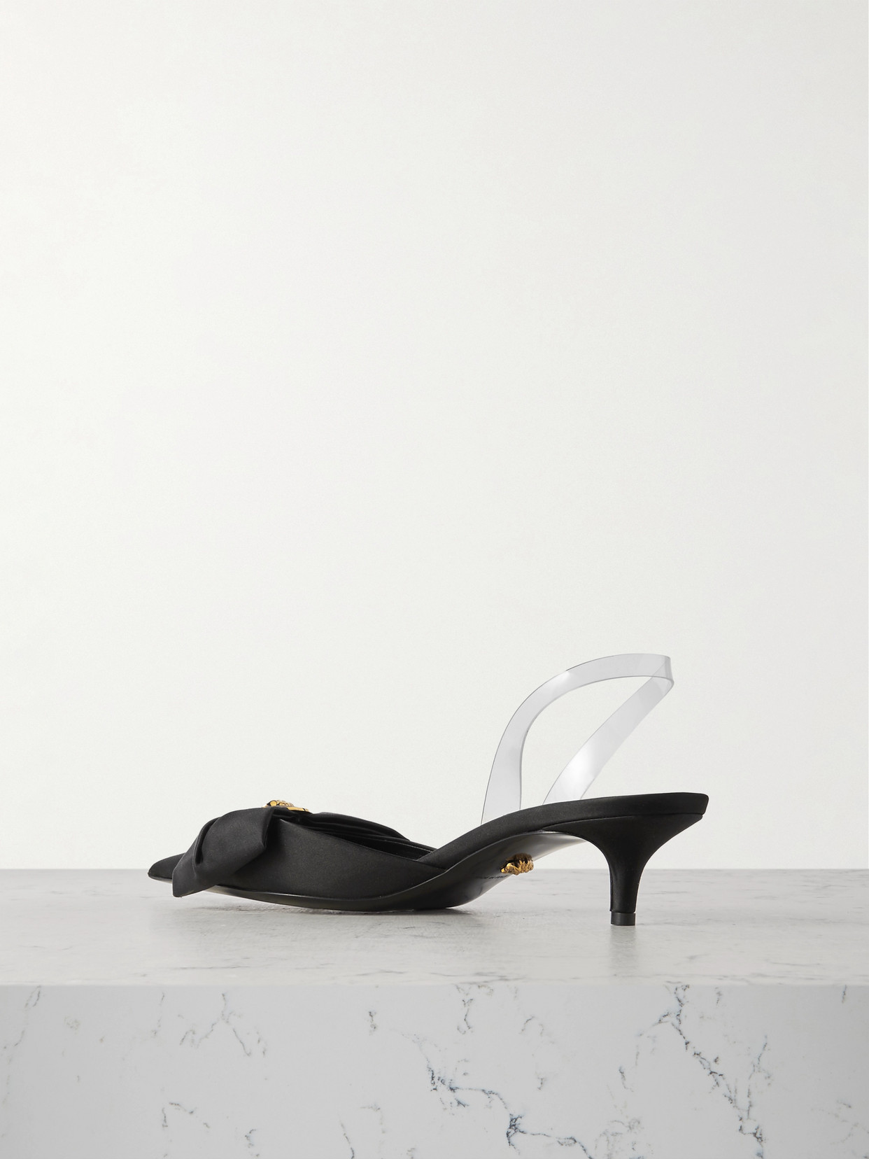 Versace Medusa Bow Embellished Rubber-trimmed Satin Slingback Pumps In Black