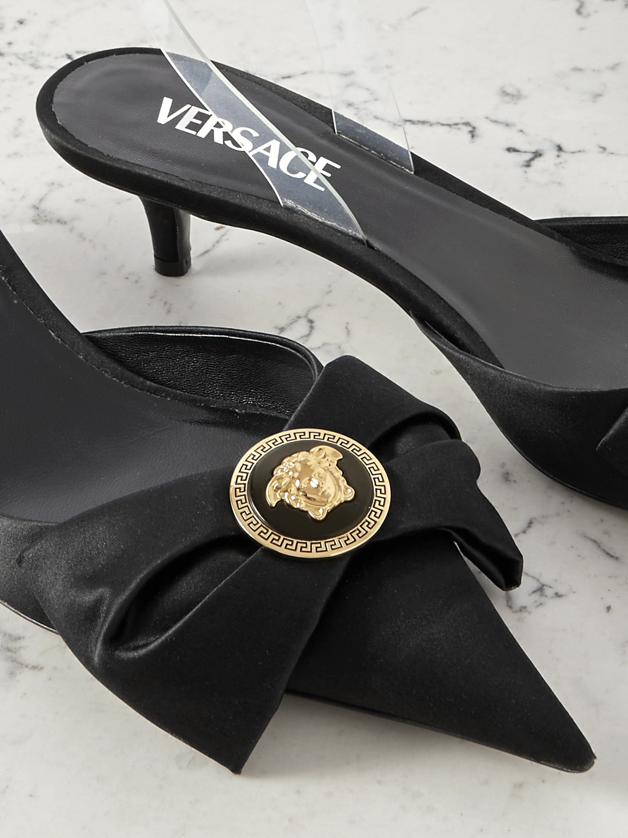 Versace Medusa Bow Embellished Rubber-trimmed Satin Slingback Pumps In Black