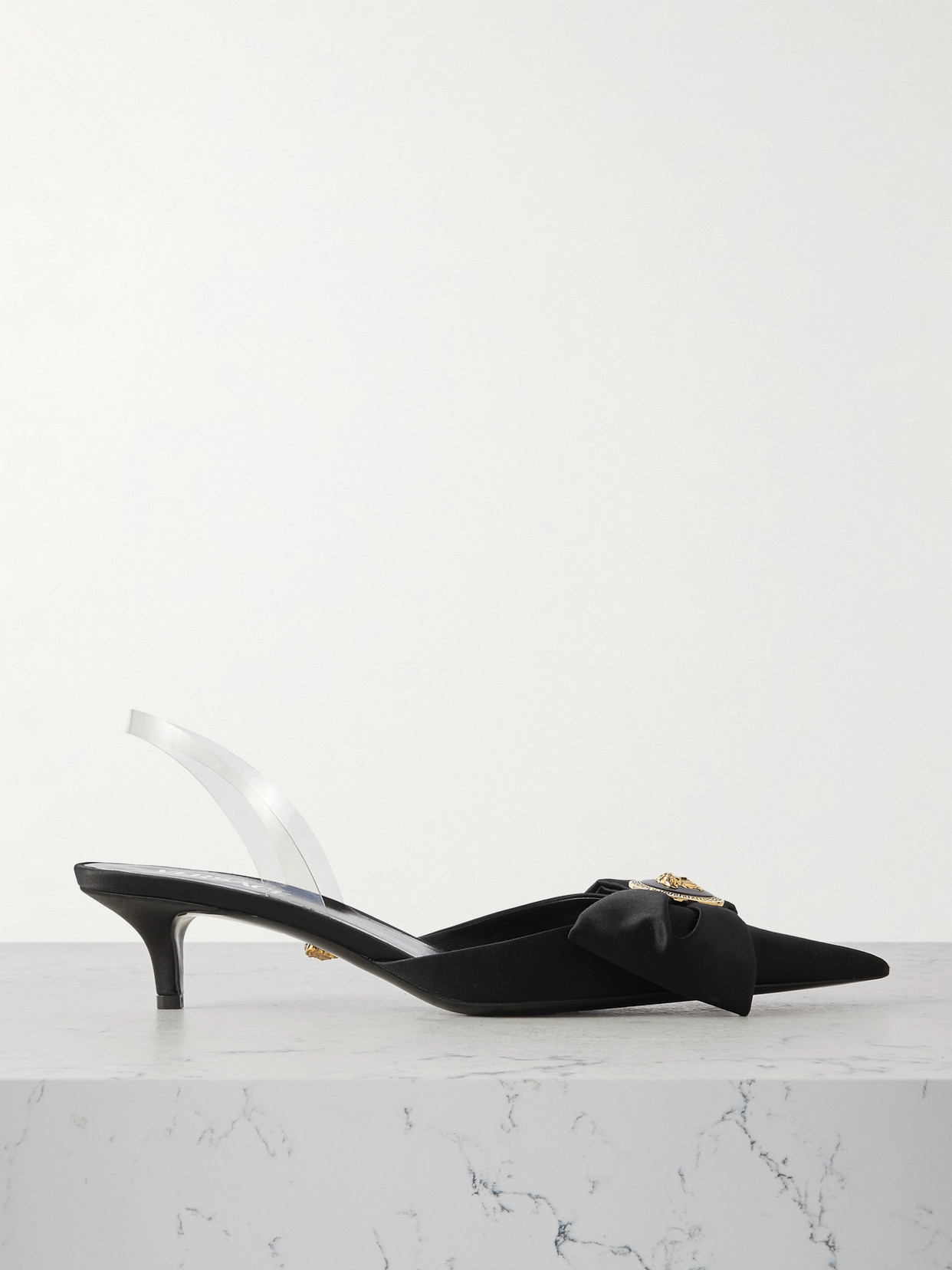 Versace - Medusa Bow Embellished Rubber-trimmed Satin Slingback Pumps - Black