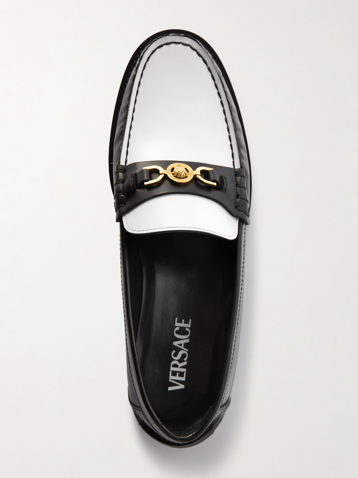 Versace Embellished Two-tone Leather Penny Loafers In Black