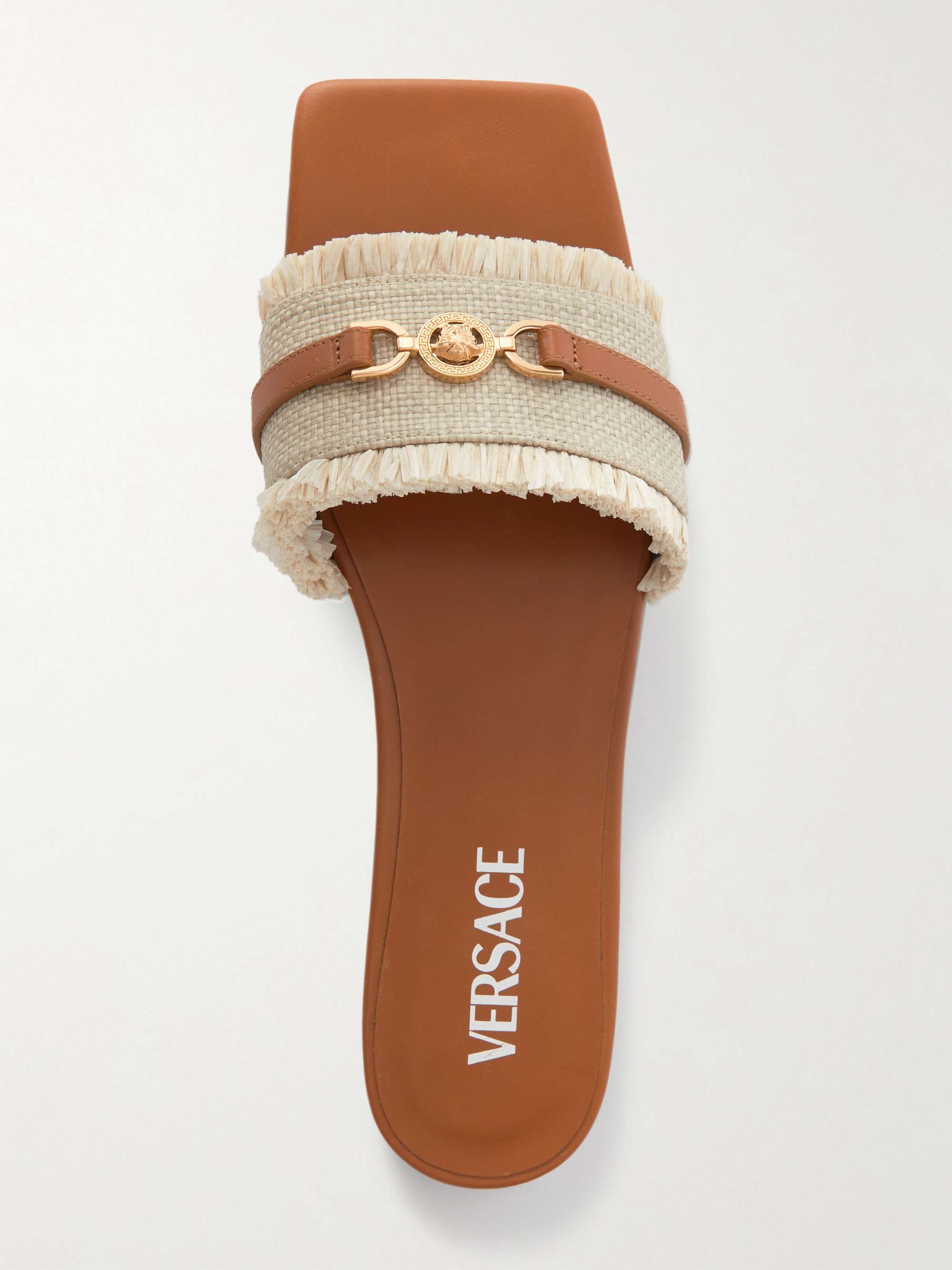 Tan Embellished leather trimmed raffia mules VERSACE NET A PORTER