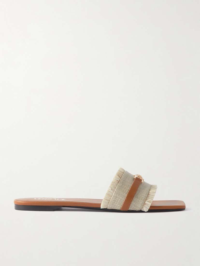 Versace Embellished Leather-trimmed Raffia Mules