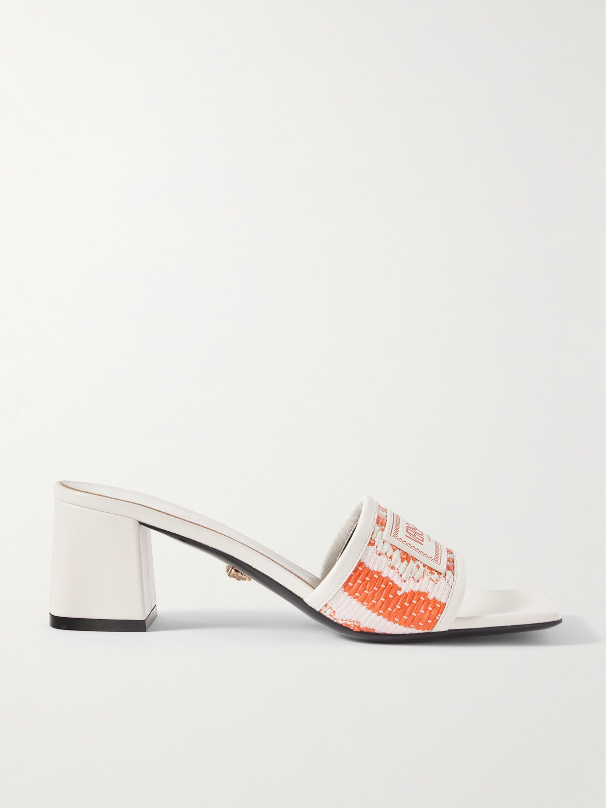 Versace Appliquéd Leather-trimmed Woven Faux Raffia Mules In Orange