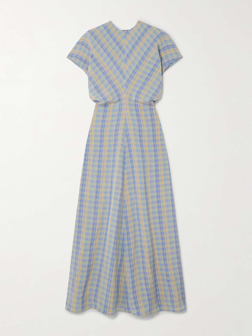 TOTEME Gathered Checked Linen-blend Maxi Dress