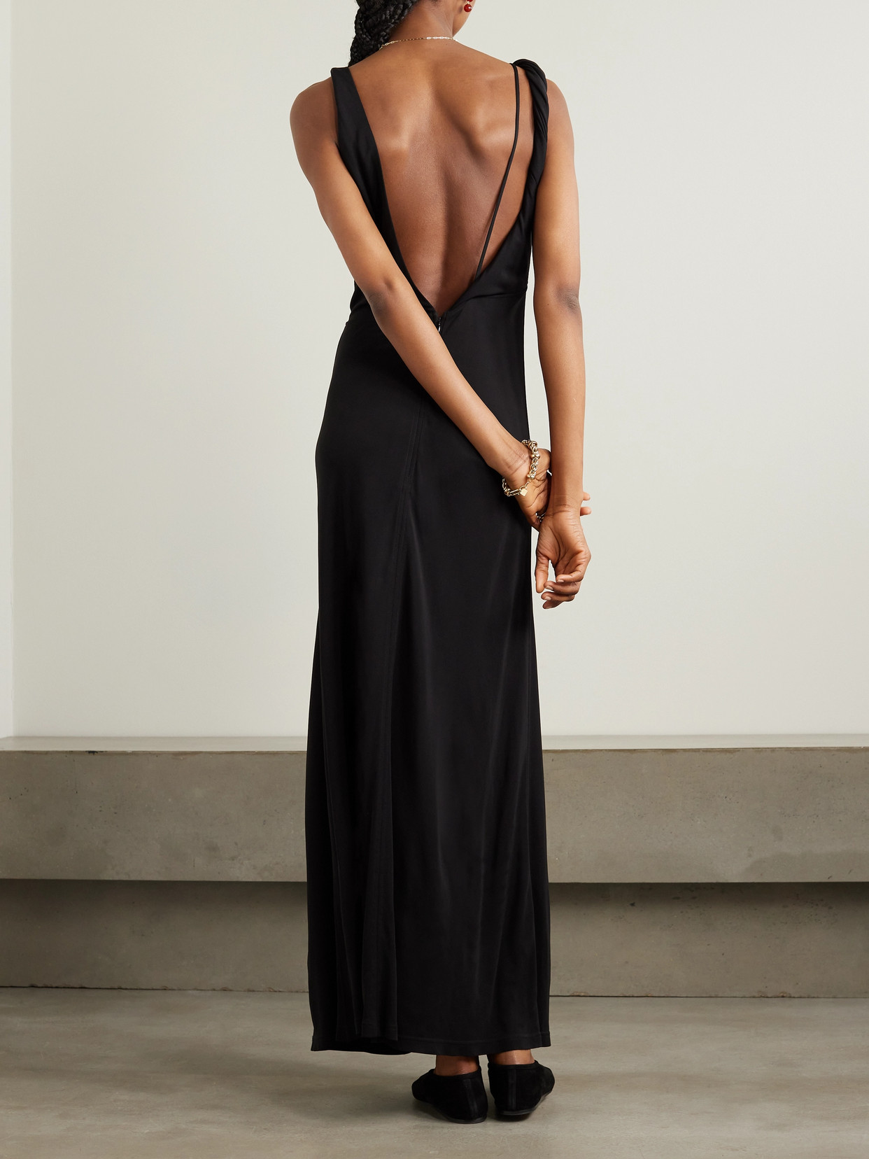 Totême Twisted Draped Satin Maxi Dress In Black