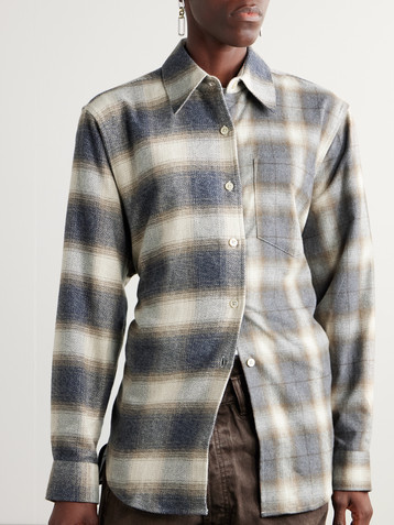 OUR LEGACY Apron open-back checked and striped cotton-flannel and twill shirt