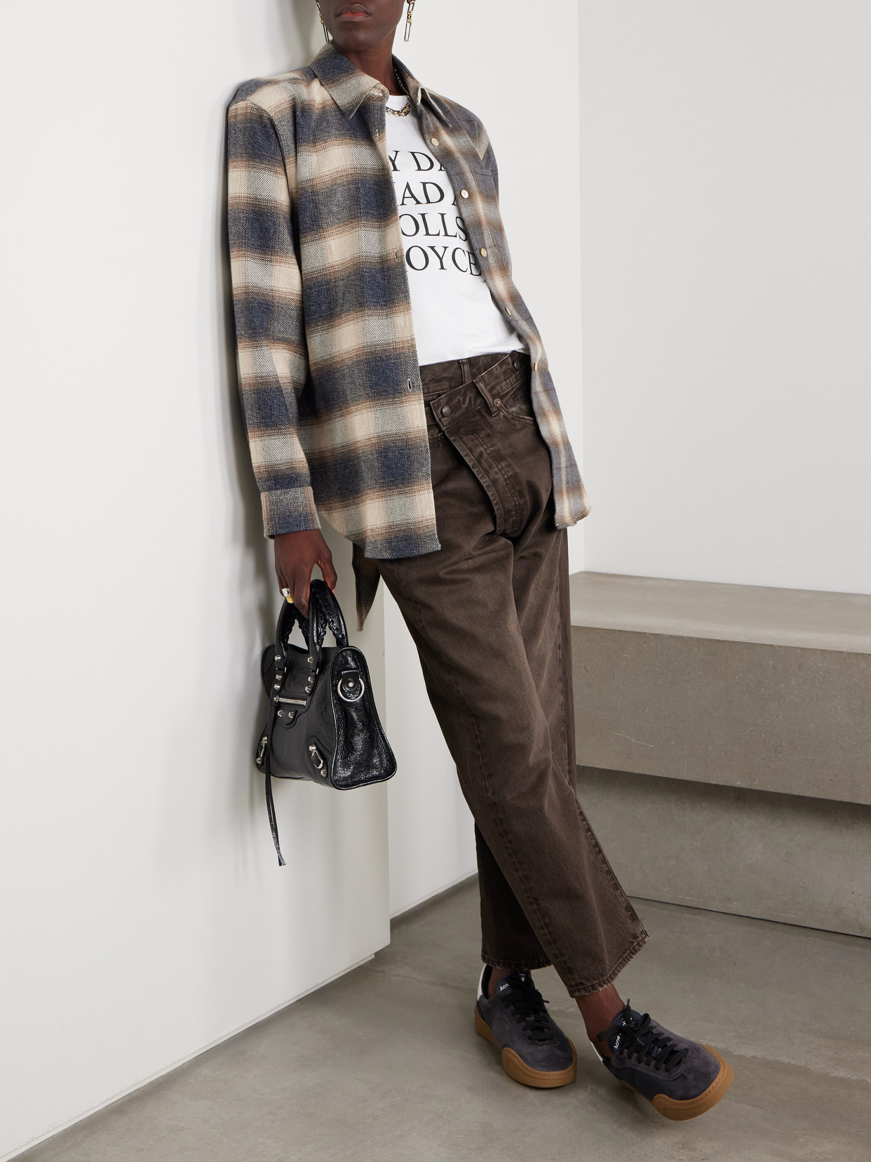 Our Legacy Apron Open-back Checked And Striped Cotton-flannel And Twill Shirt In Neutrals